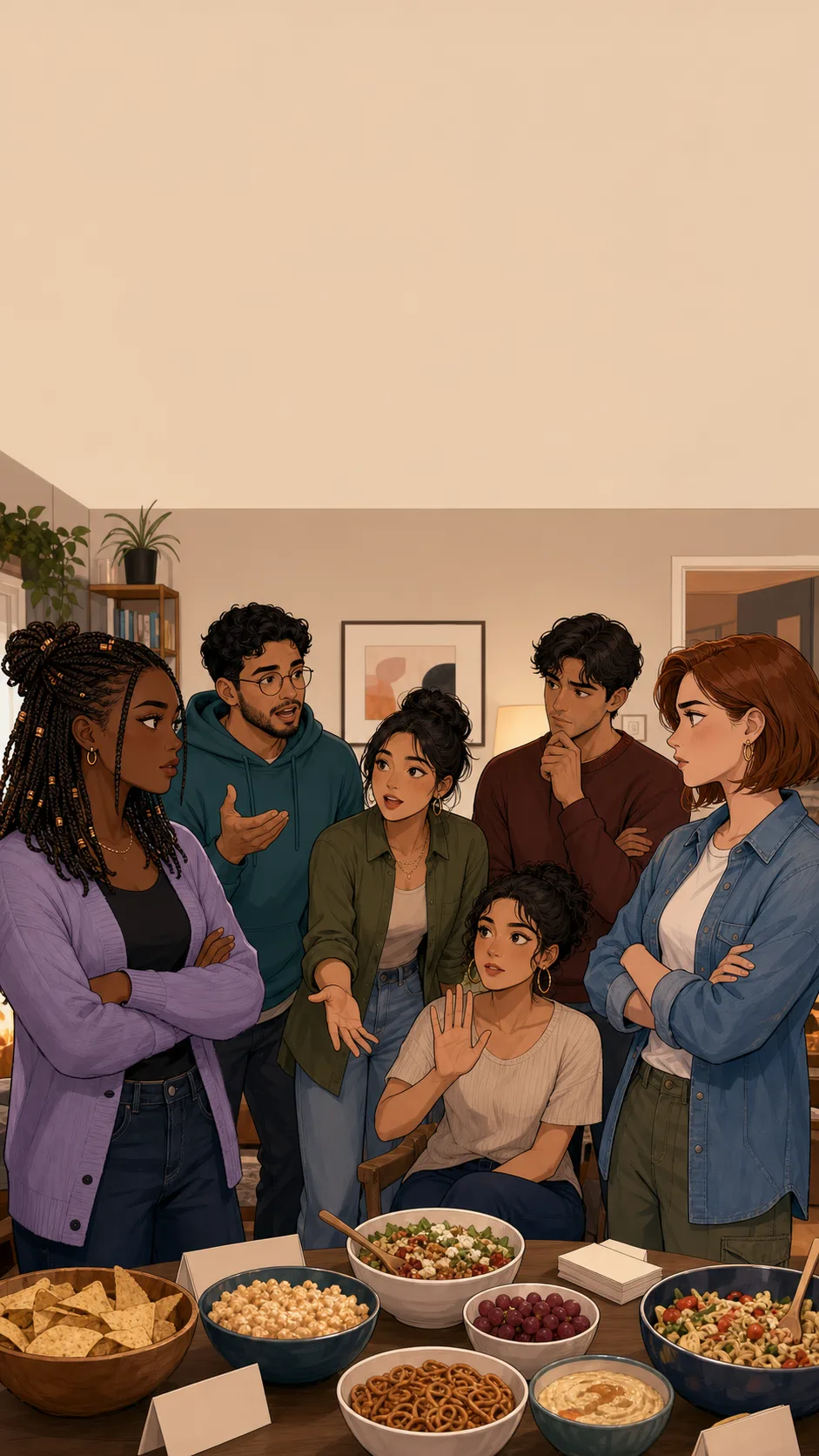 Lena, Harper, Mateo, and three friends stand around a generic potluck table with the group visibly split into three opinions.