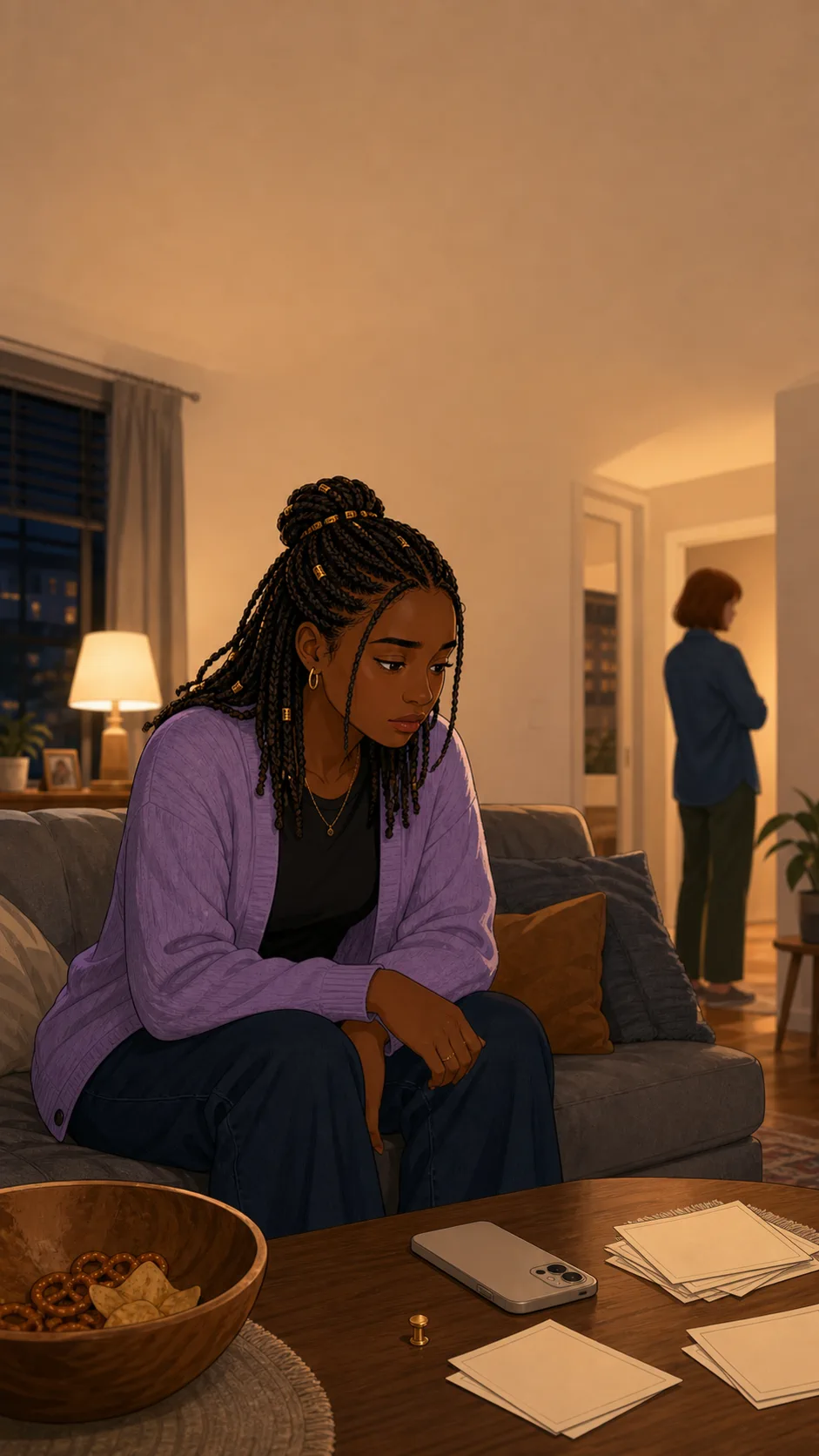 Lena sits quietly on a generic apartment sofa with a face-down phone, blank potluck cards, and a small pin-shaped magnet on the table.