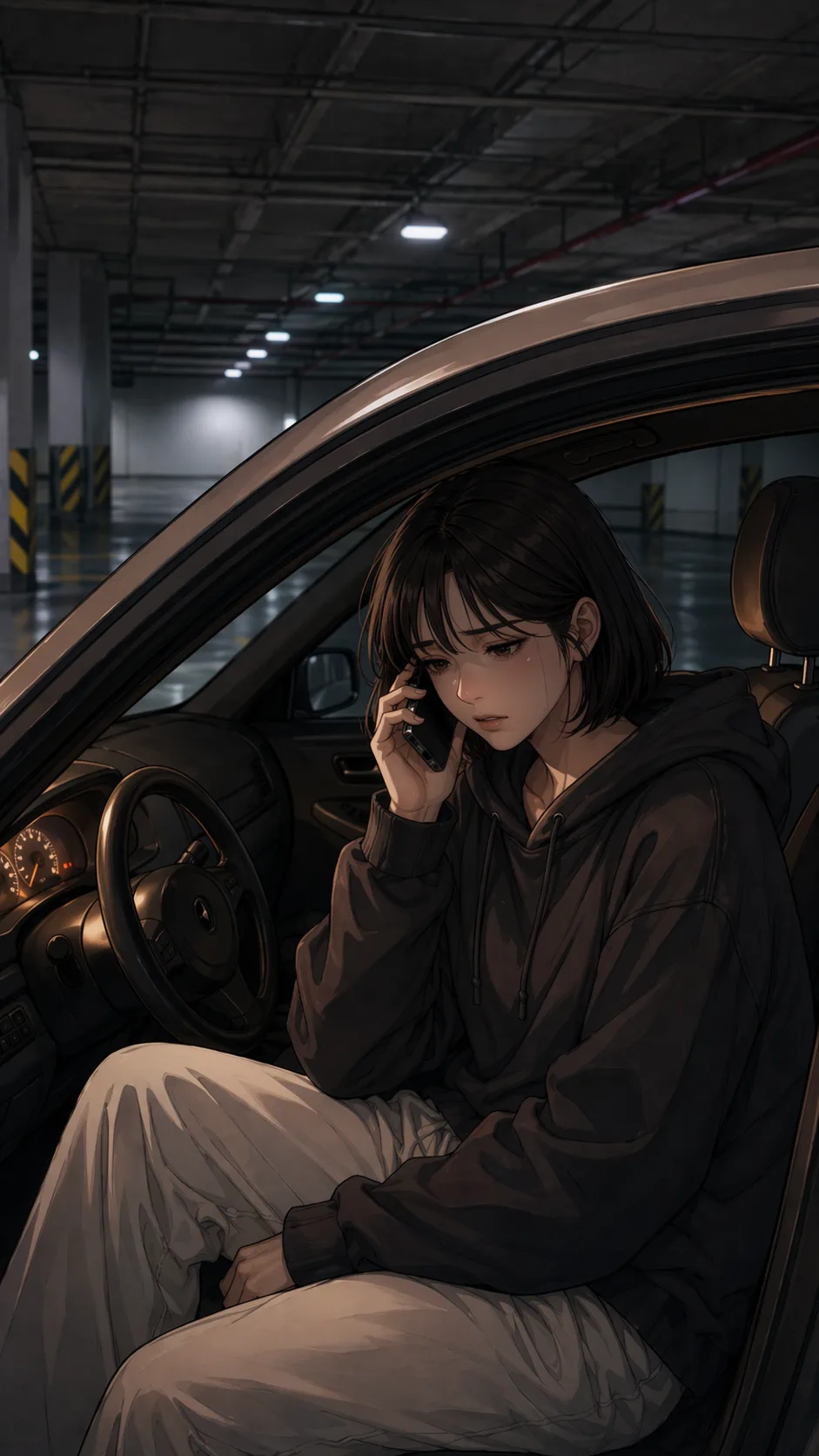 A fictional young woman sits in a parked car at night, holding a phone to her ear and trying not to cry.
