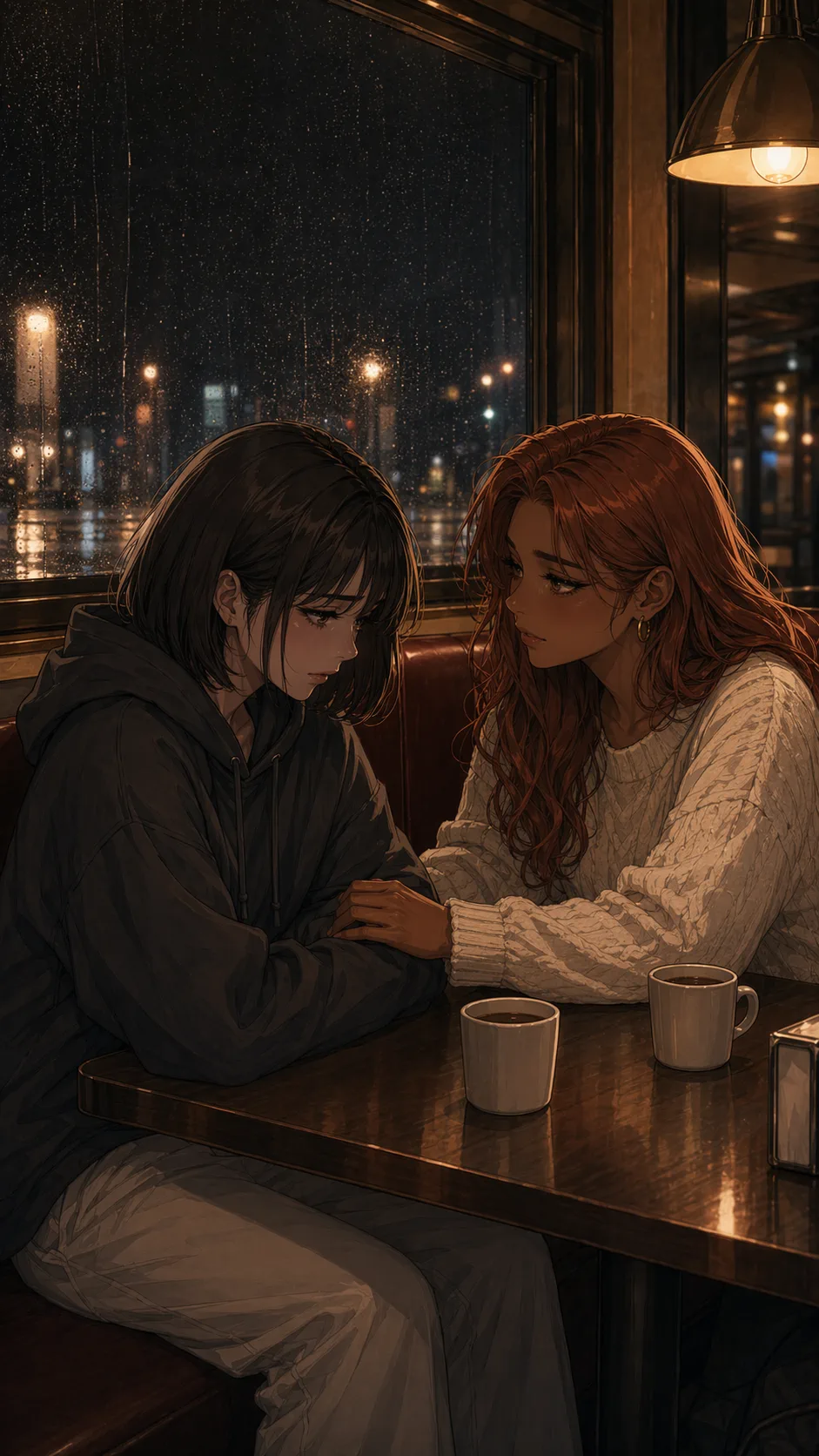 Two fictional young women sit in a quiet diner booth late at night, one reassuring the other.