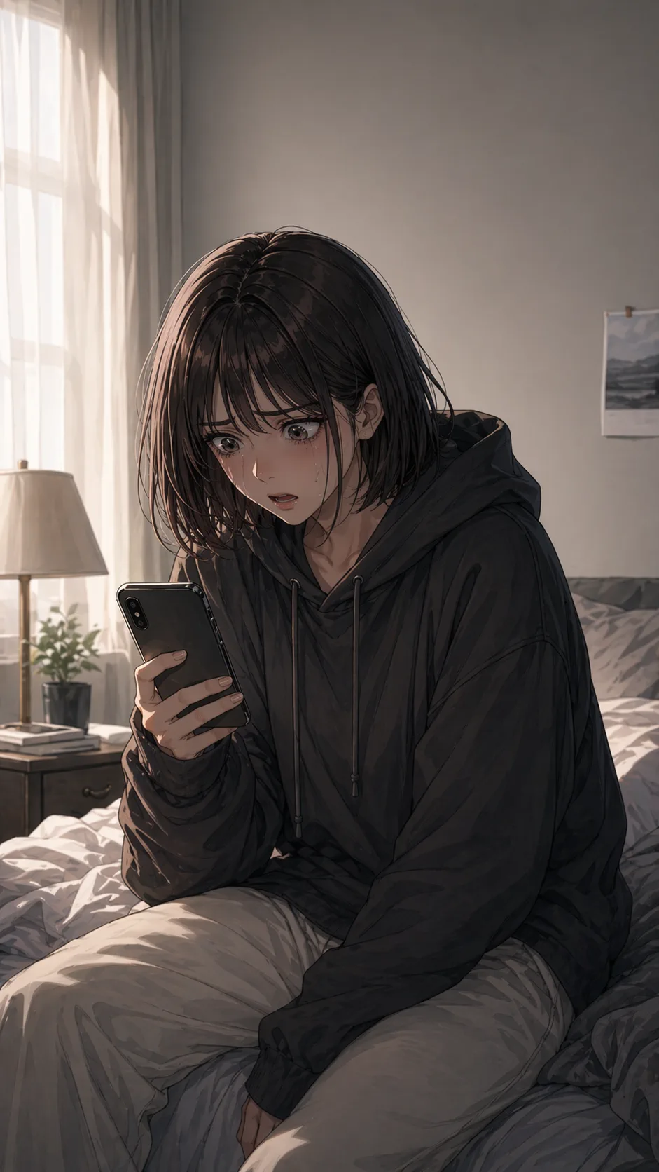A fictional young woman sits on her bed in morning light, staring at her phone in disbelief.