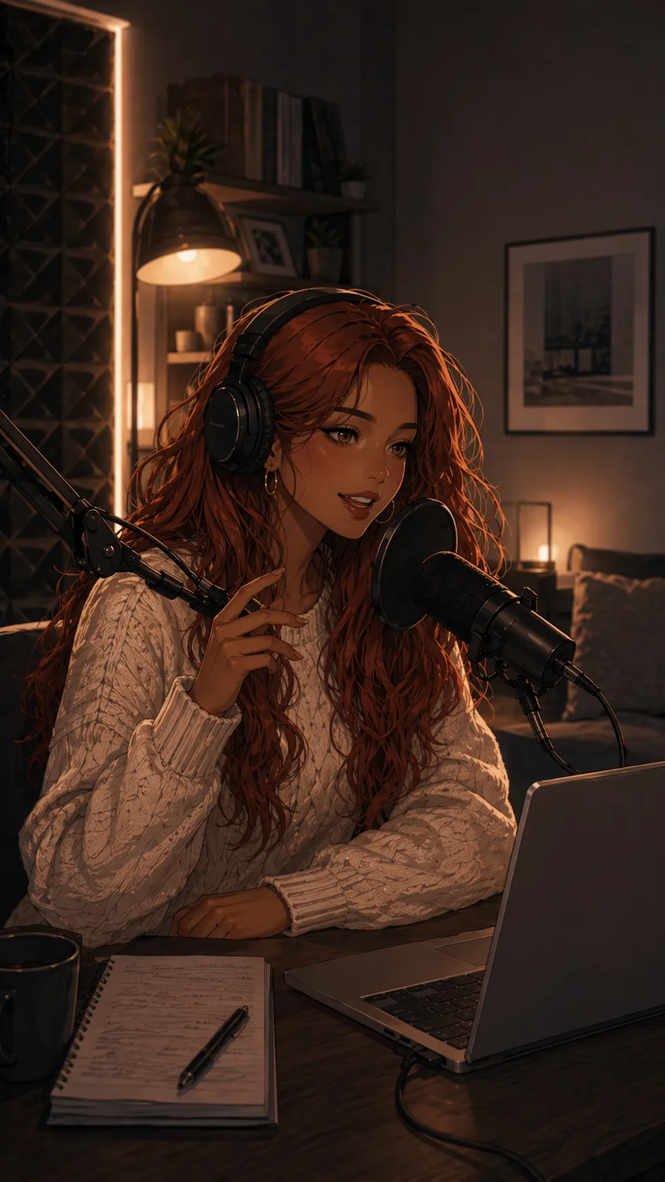 A fictional young woman records a podcast at home with a microphone and headphones, looking polished and on-air.