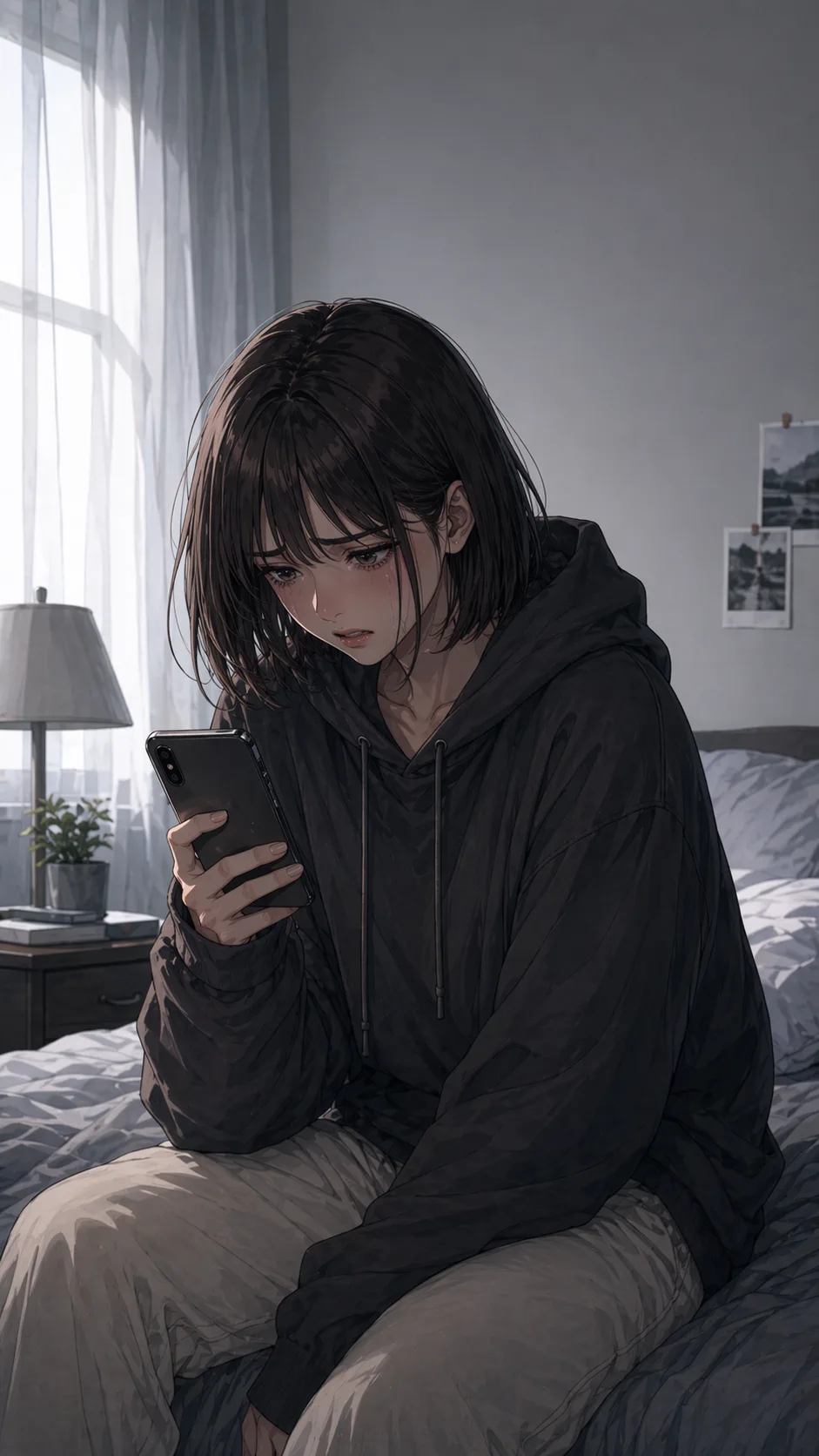 A fictional young woman looks down at her phone in disbelief after receiving a defensive text.