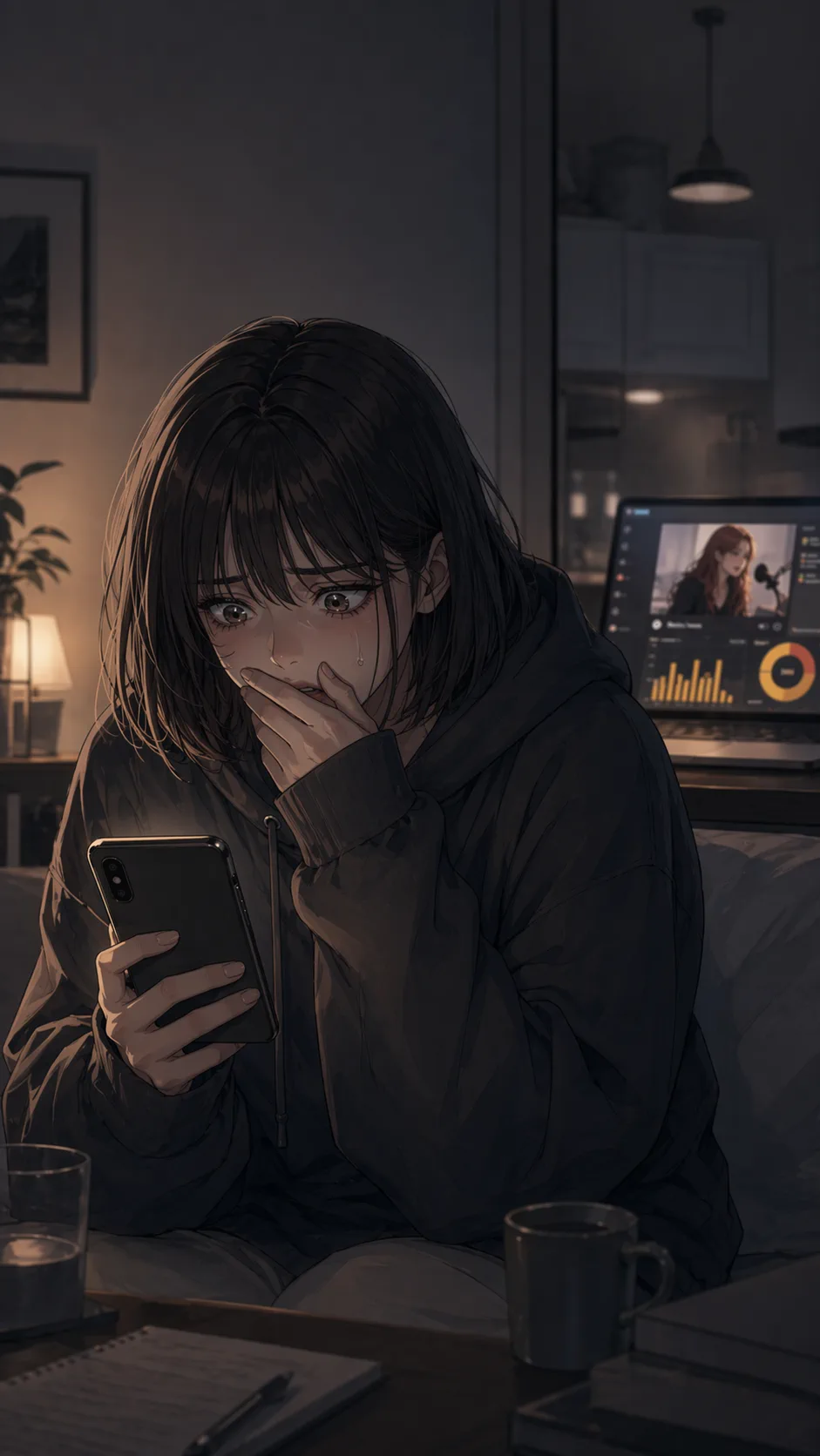 A fictional young woman looks shaken as she realizes the podcast episode tied her private story to money.