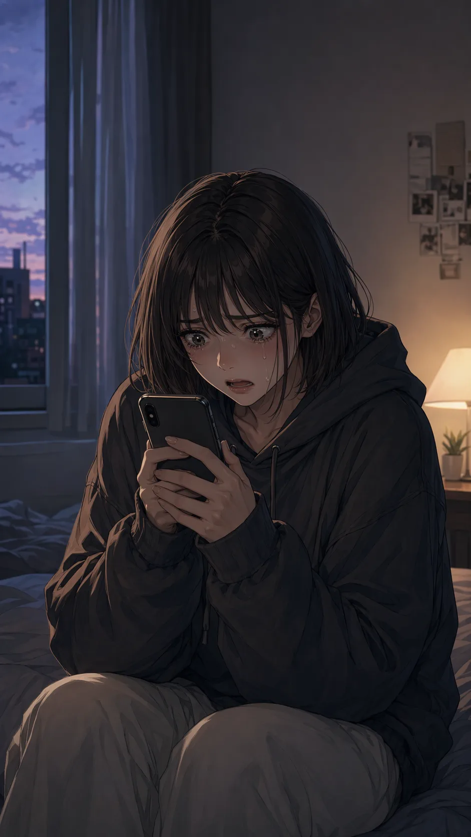 A fictional young woman grips her phone as a message from a mutual friend makes her panic.
