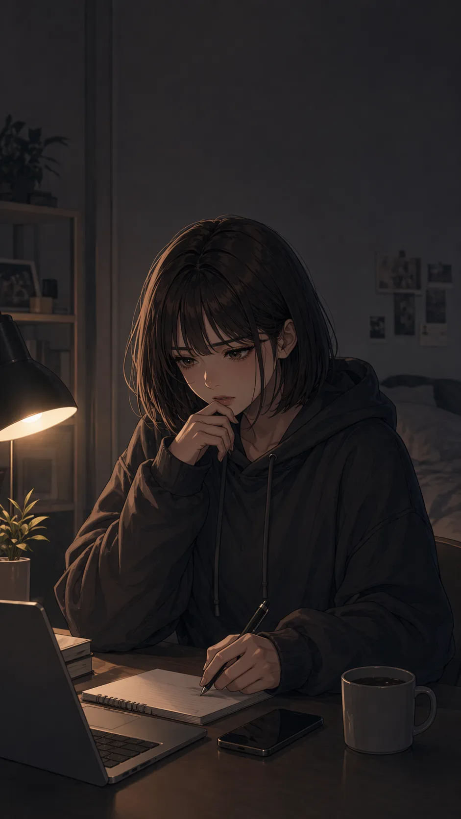 A fictional young woman sits at a desk at night with a phone and laptop open, deciding how to respond.