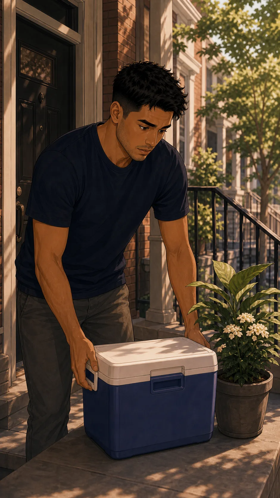 Avery places a plain cooler on his porch for a delivery.