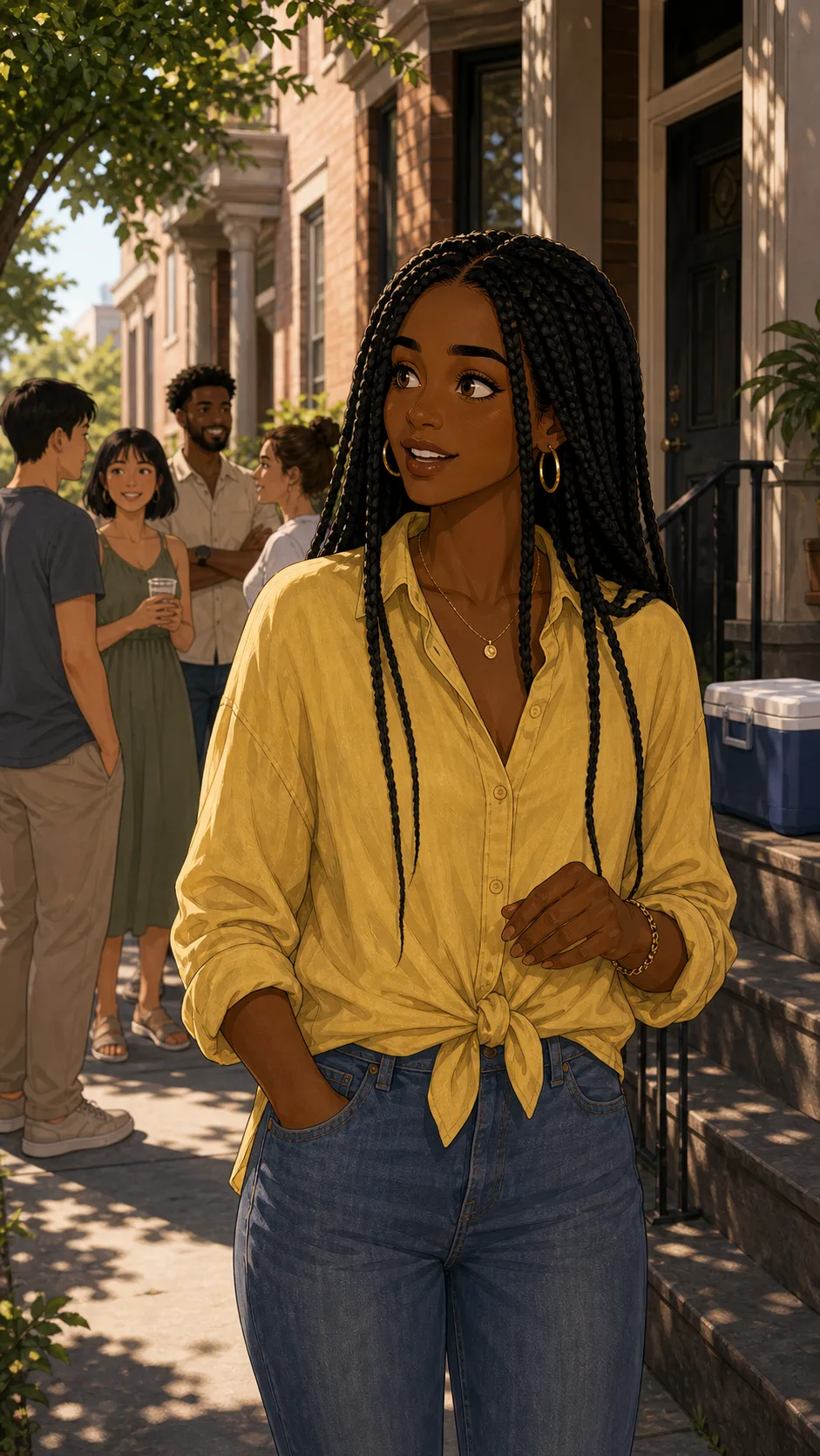 Simone sees neighbors gathering near Avery's porch on a hot afternoon.