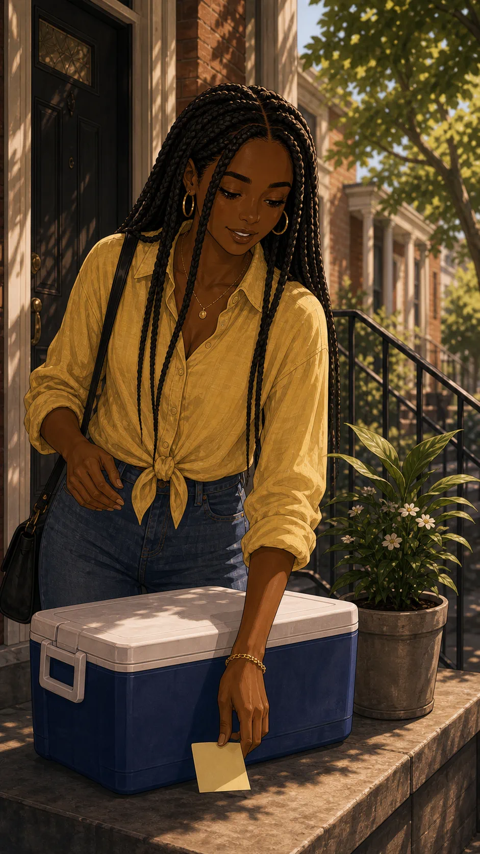 Simone places a blank note beside the porch cooler.