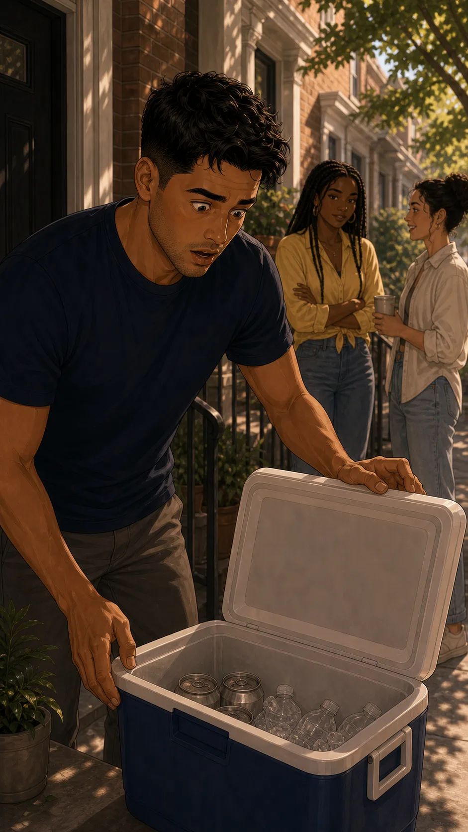 Avery opens the cooler and finds most of the drinks gone.