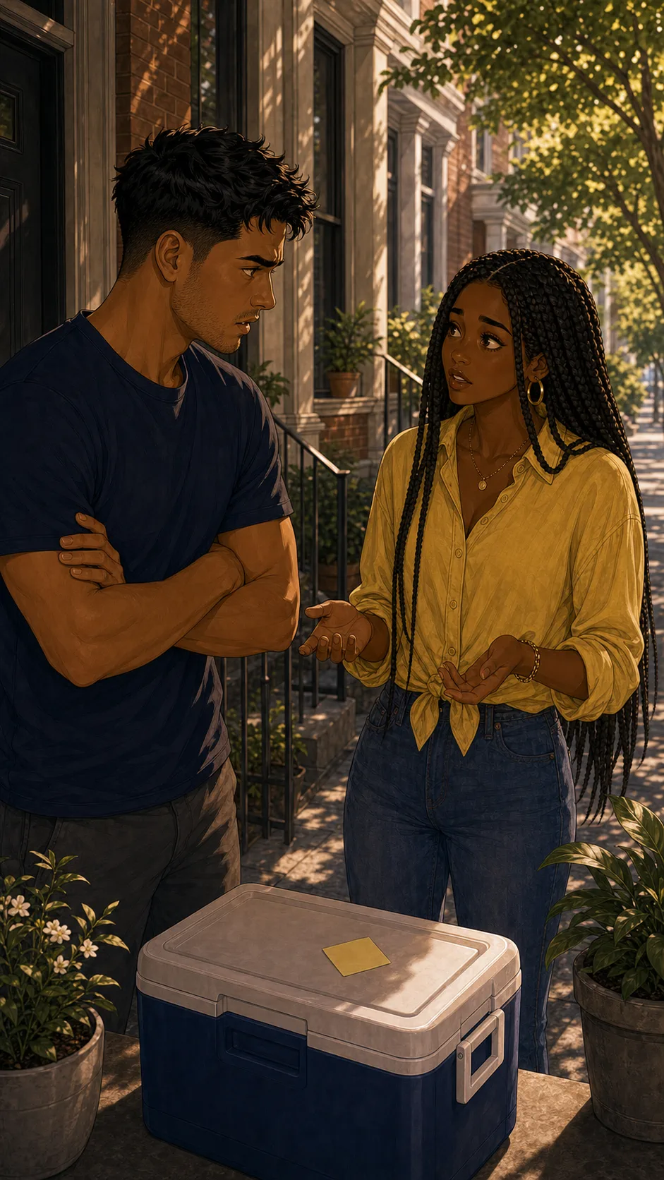 Avery confronts Simone beside the porch cooler.