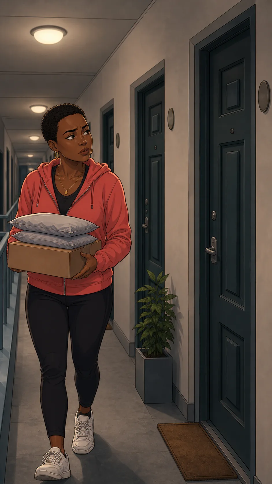 Nia walks through an apartment corridor with similar doors.