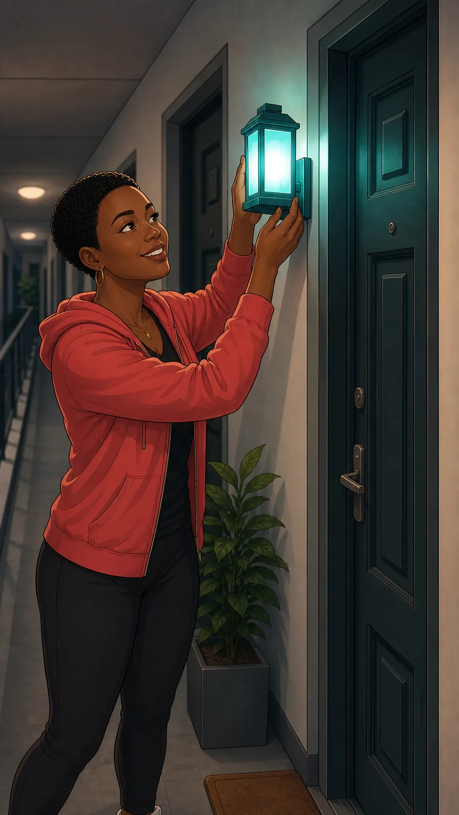 Nia installs a bright teal porch light beside her apartment door.