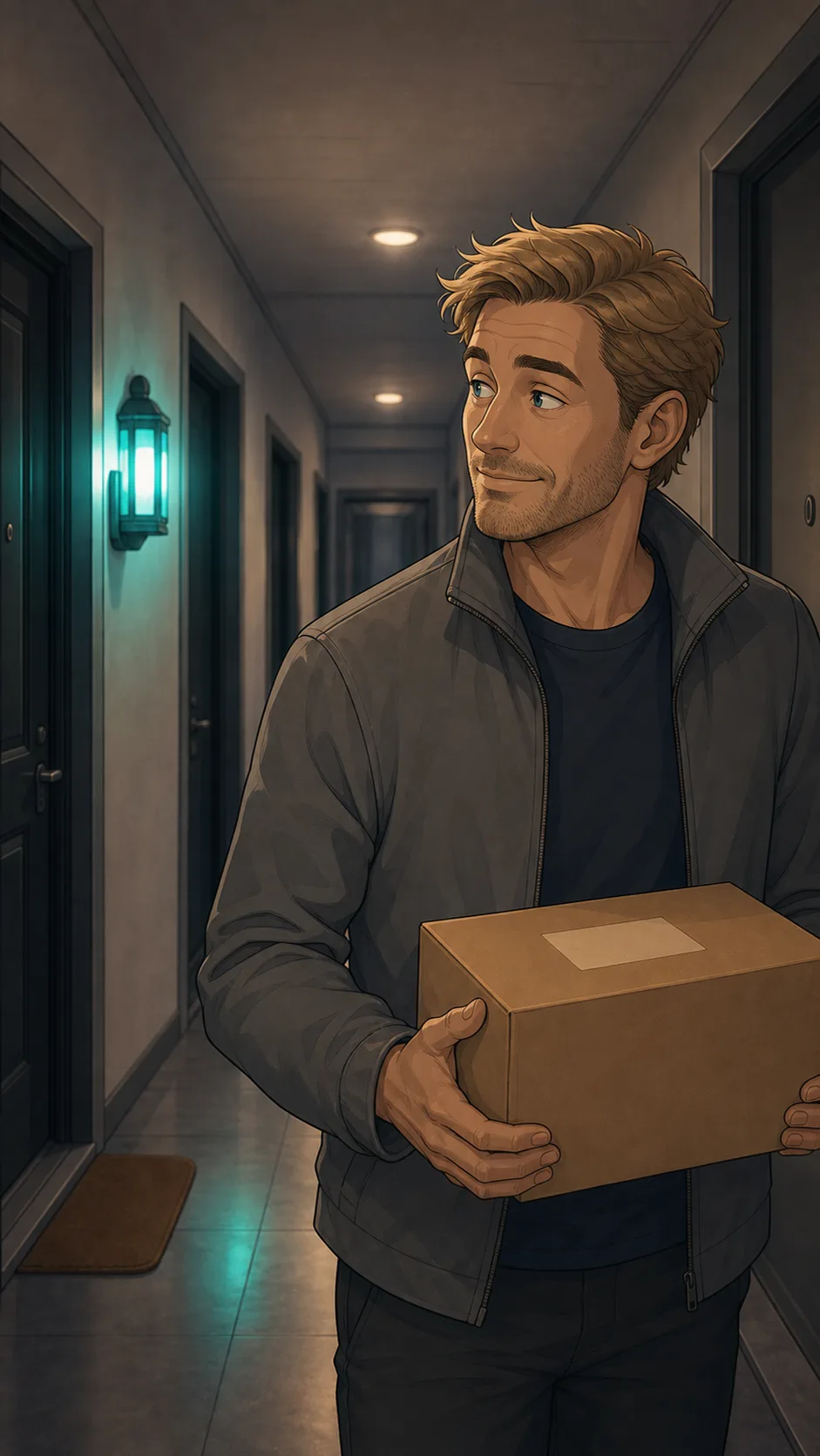 Ben notices Nia's teal porch light while carrying a package.