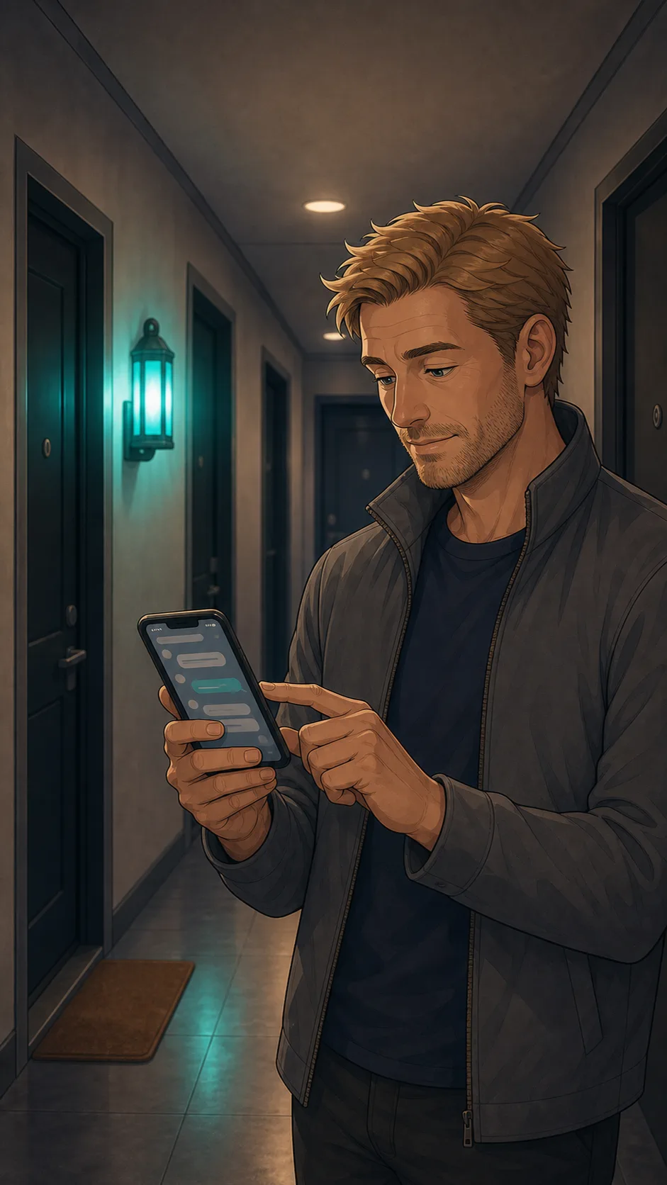 Ben sends a building chat message using the teal light as a delivery marker.
