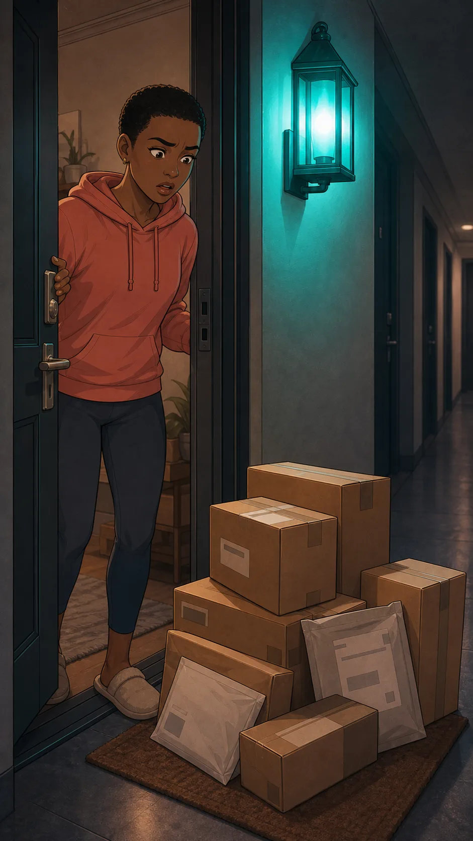Nia finds several packages stacked under her teal porch light.
