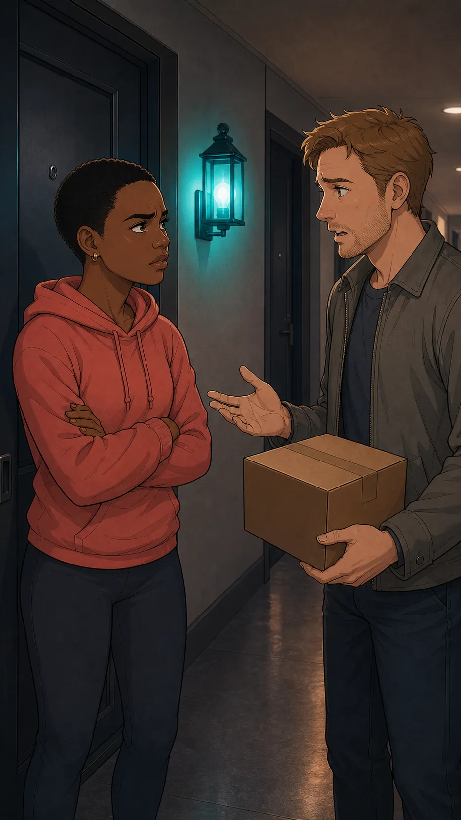 Nia and Ben discuss the teal porch light delivery signal in the hallway.