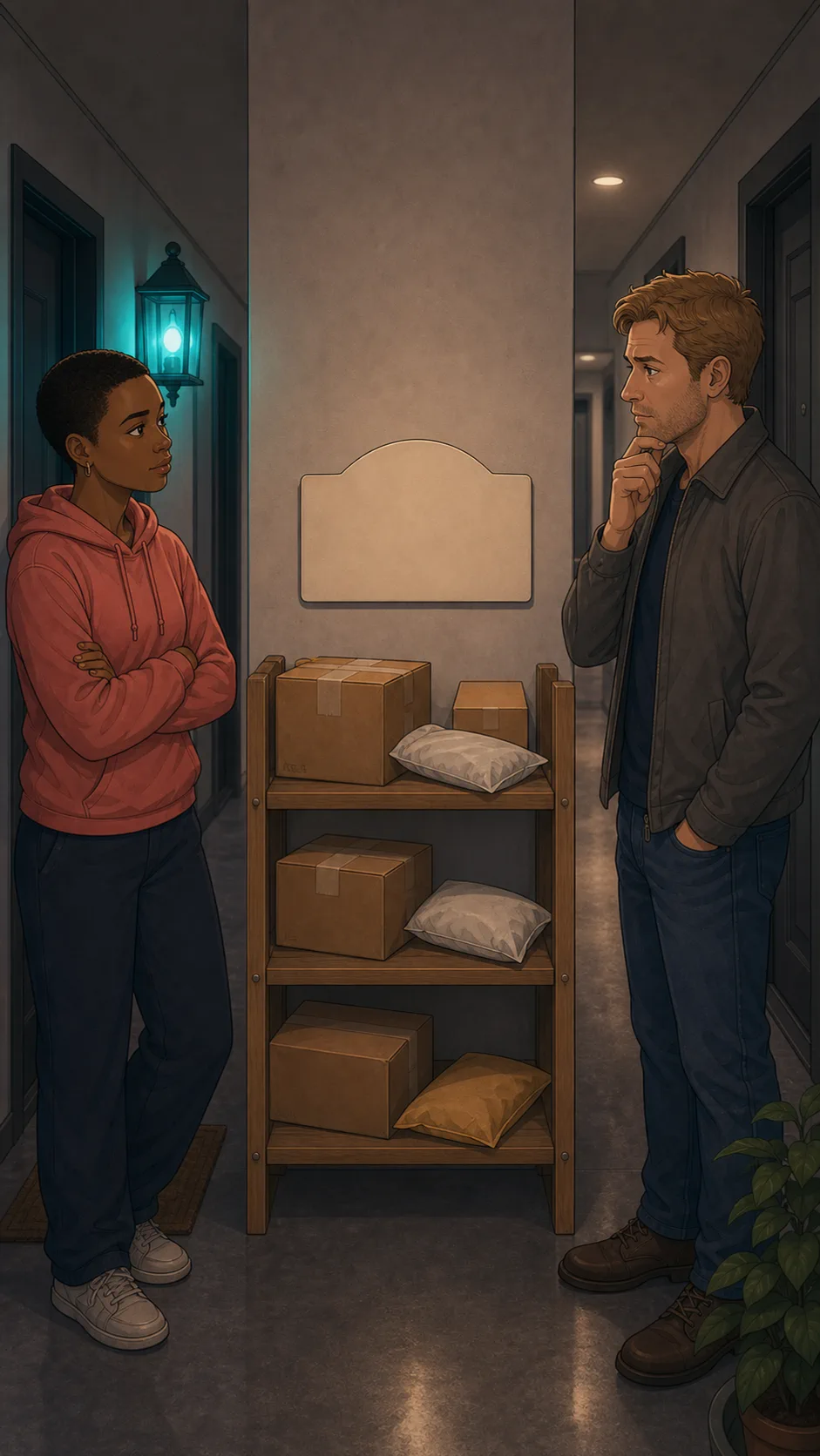 Nia and Ben stand near a possible shared delivery shelf.