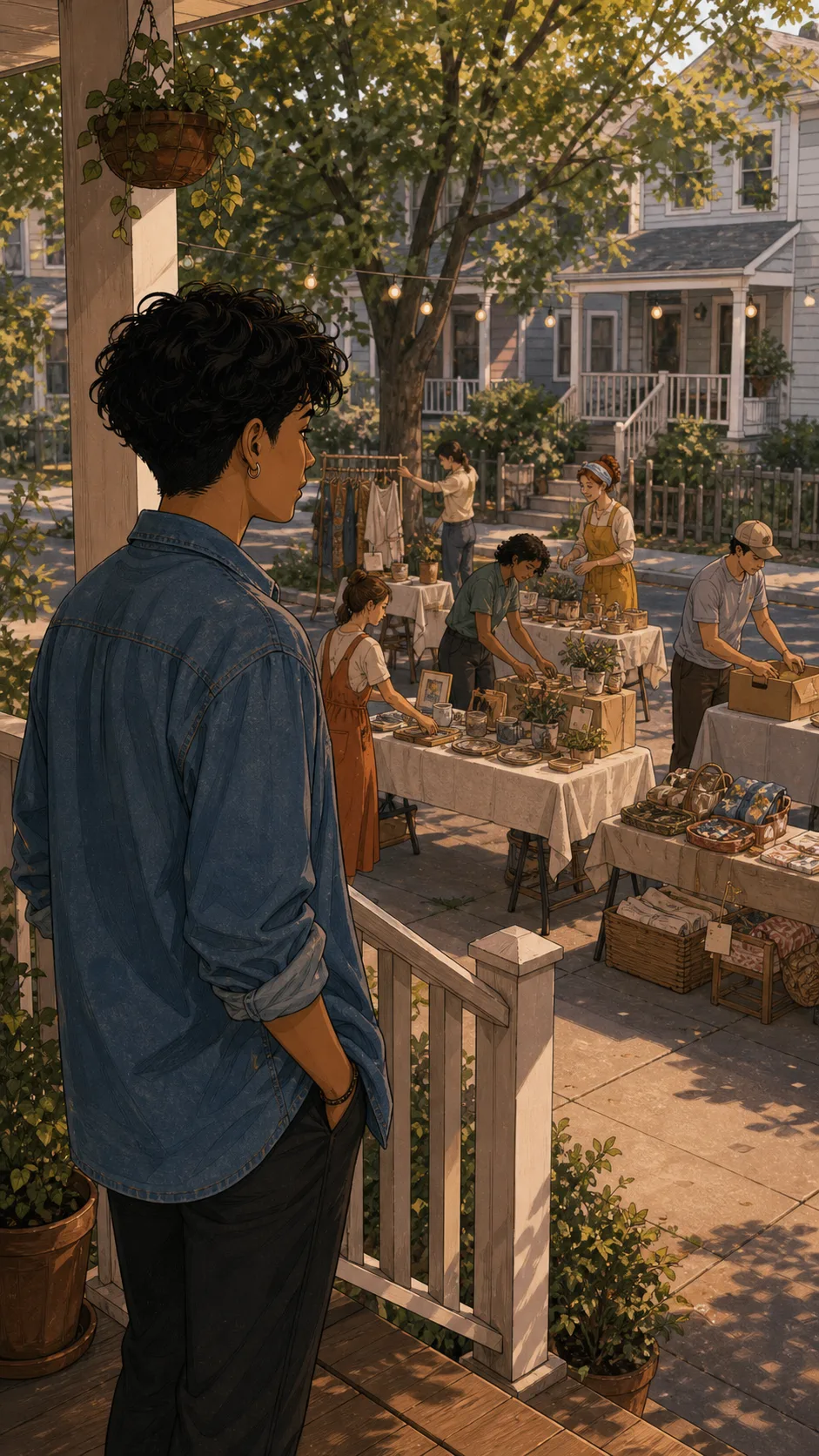 Riley watches neighbors prepare a small sidewalk market from their duplex porch.