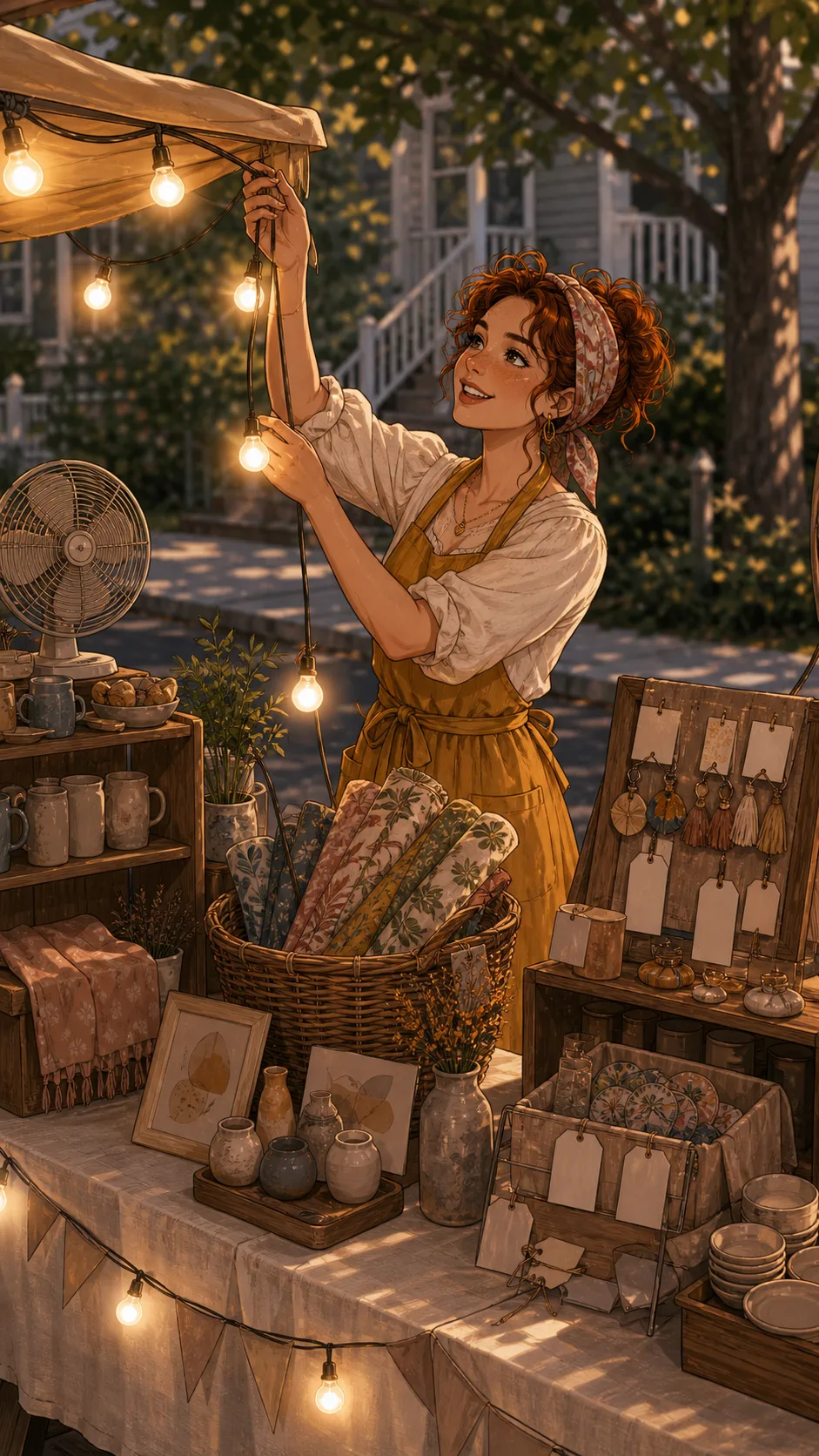Tessa decorates her craft stall with warm lights and a small fan.