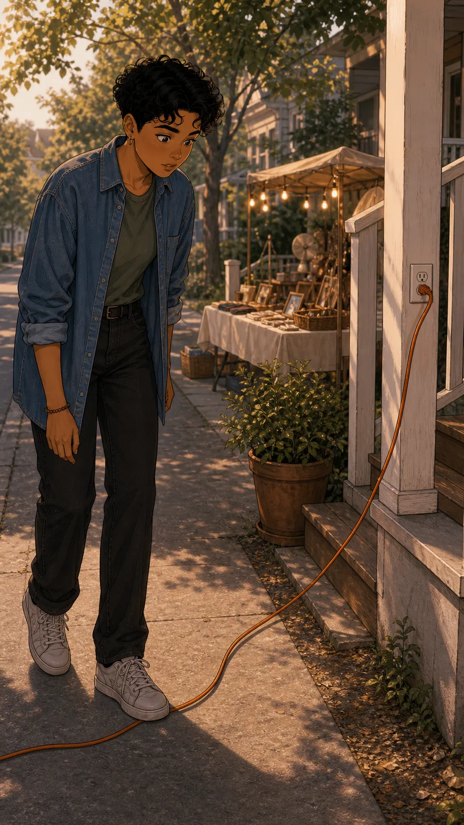 Riley follows an extension cord from the market stall to their porch outlet.