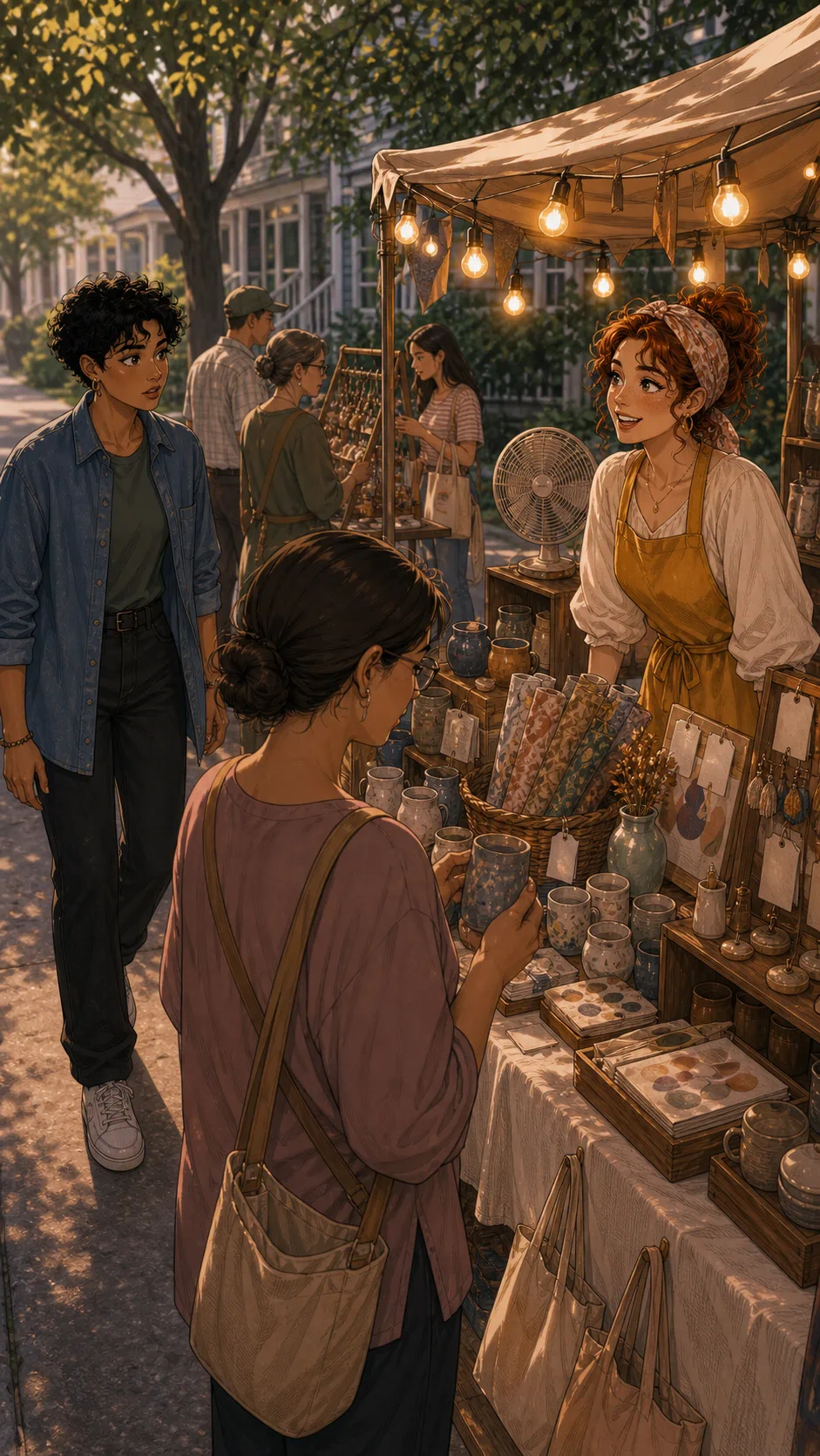 Tessa's craft stall is busy as Riley approaches with concern.