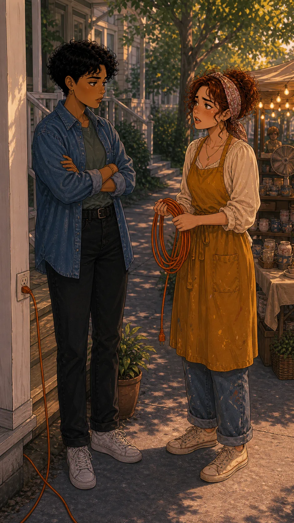 Riley and Tessa discuss the extension cord beside the porch outlet.