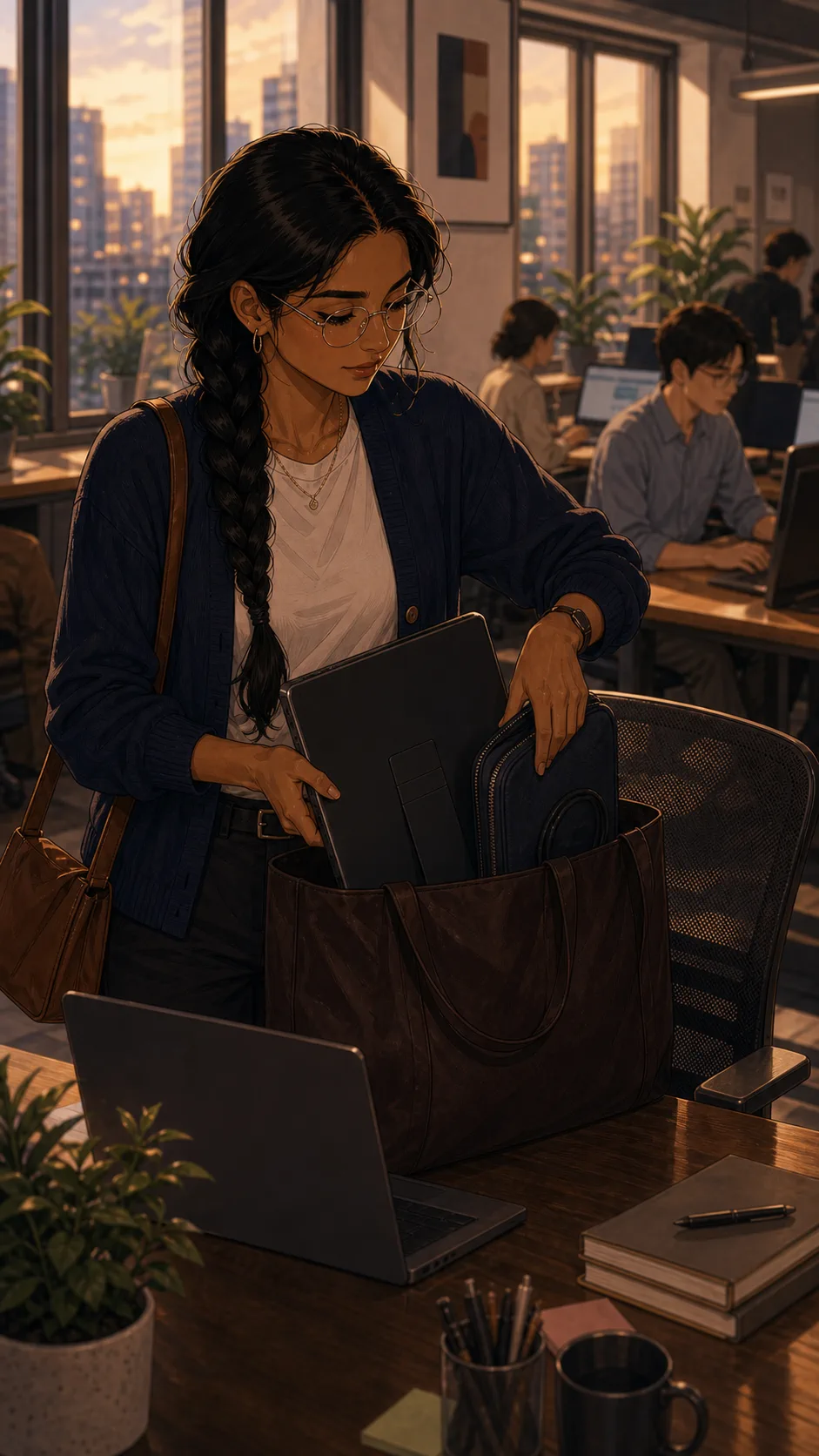 Priya puts a slim portable monitor in her office tote.