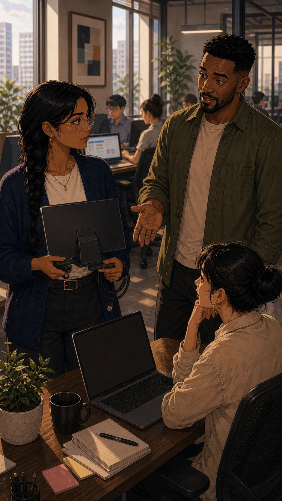 Damon asks Priya to borrow the portable monitor.