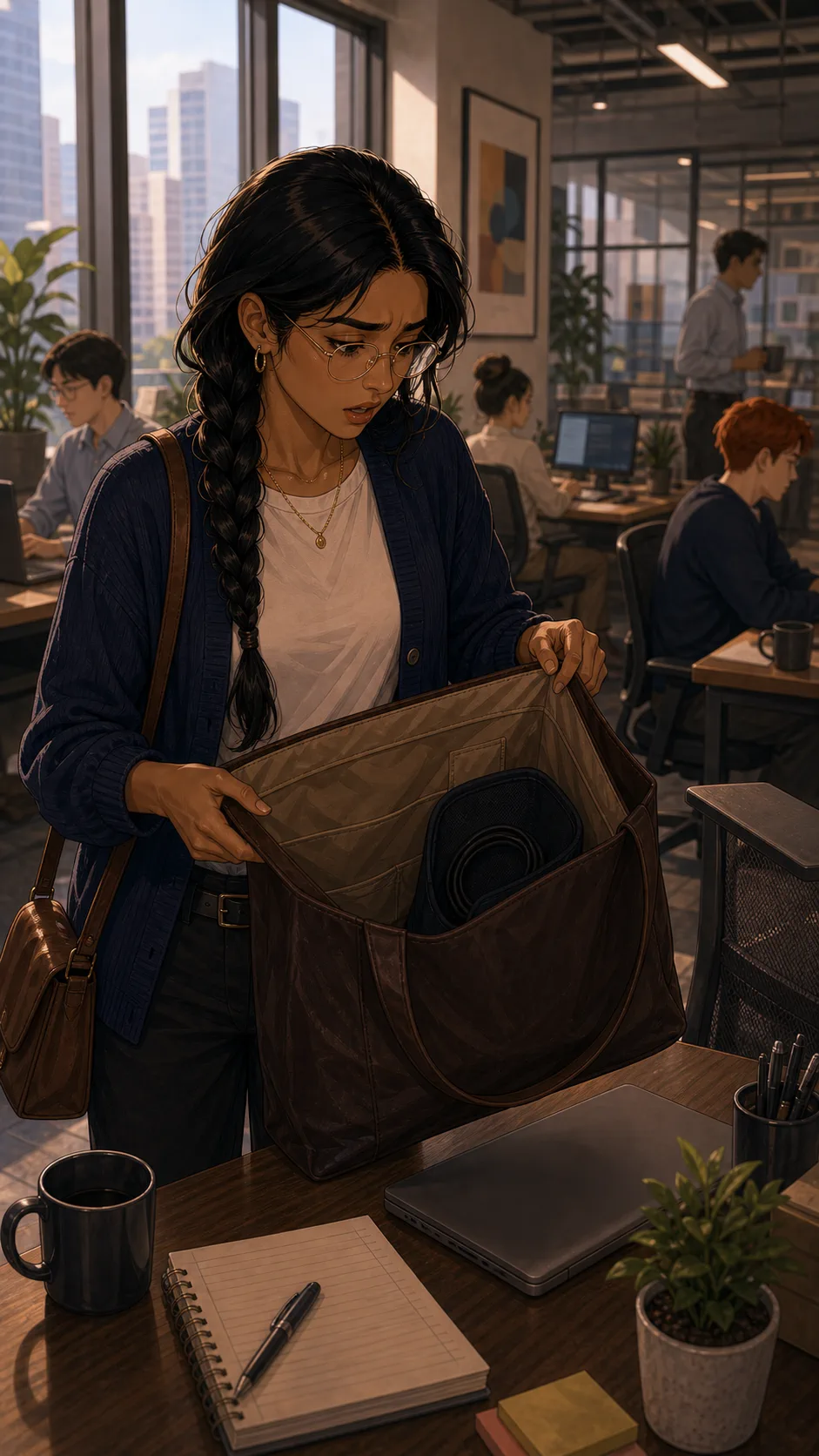 Priya opens her tote and finds the portable monitor missing.