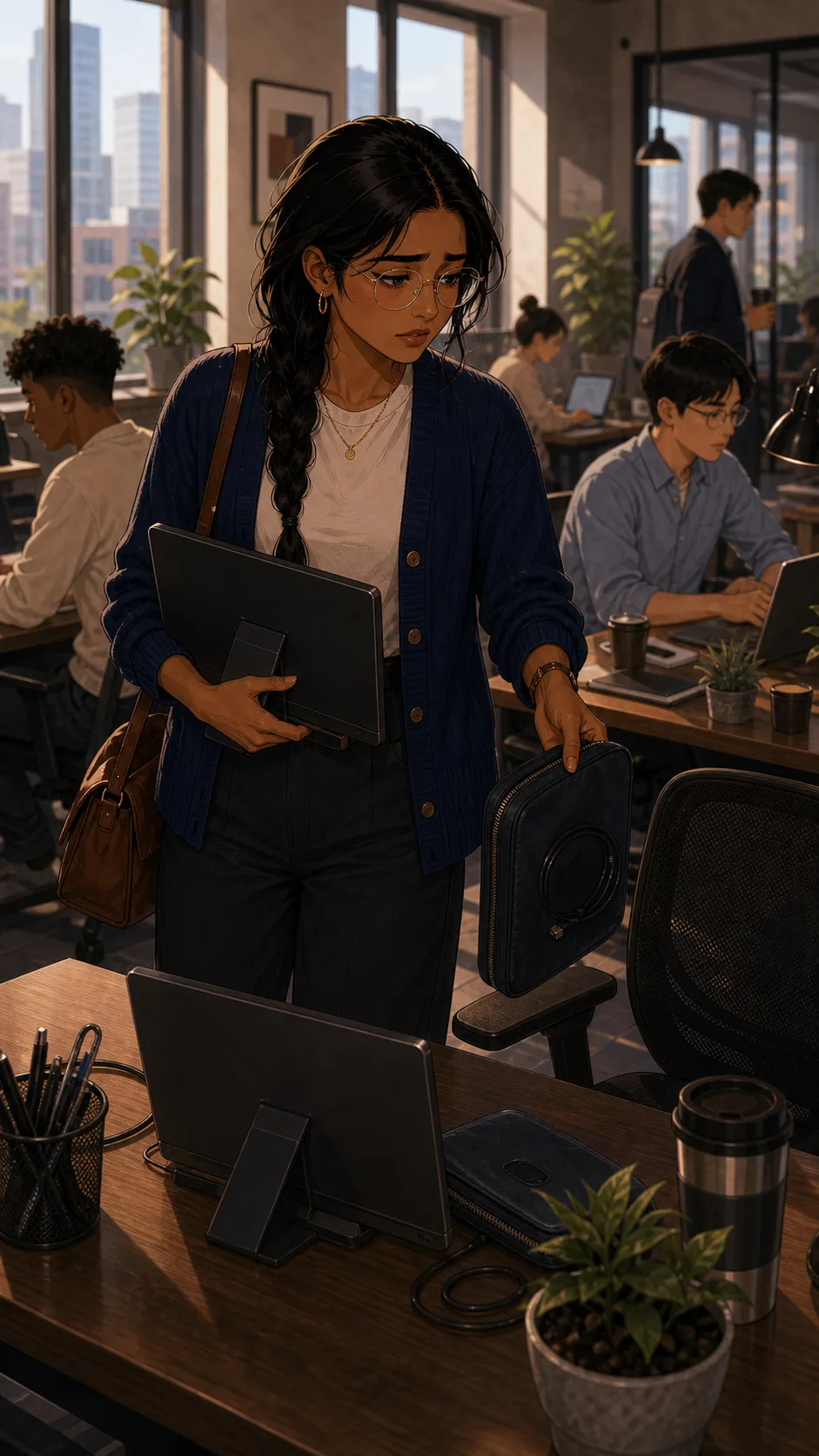 Priya gathers monitor cables from different hot desks.