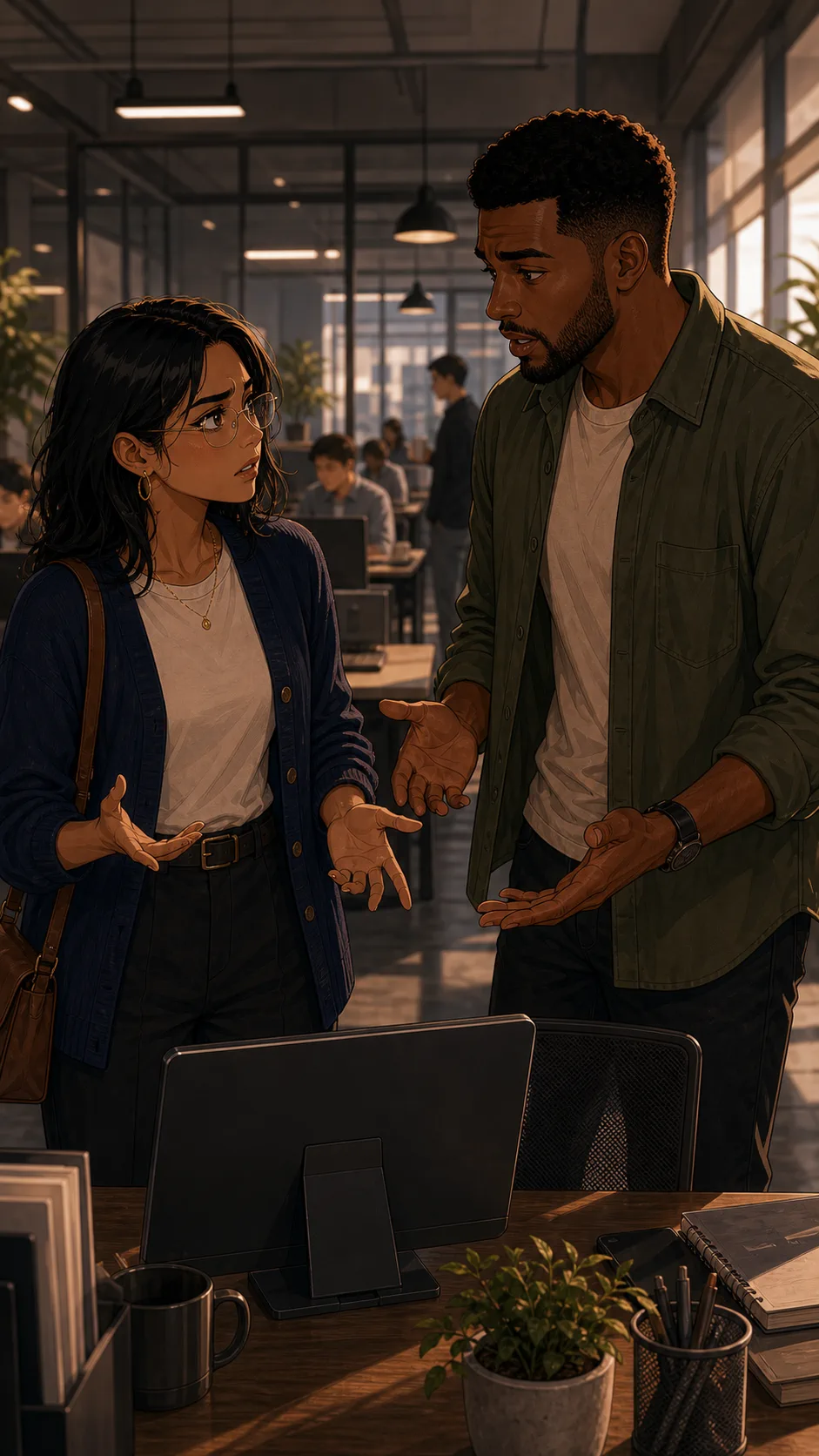 Priya and Damon debate the portable monitor.