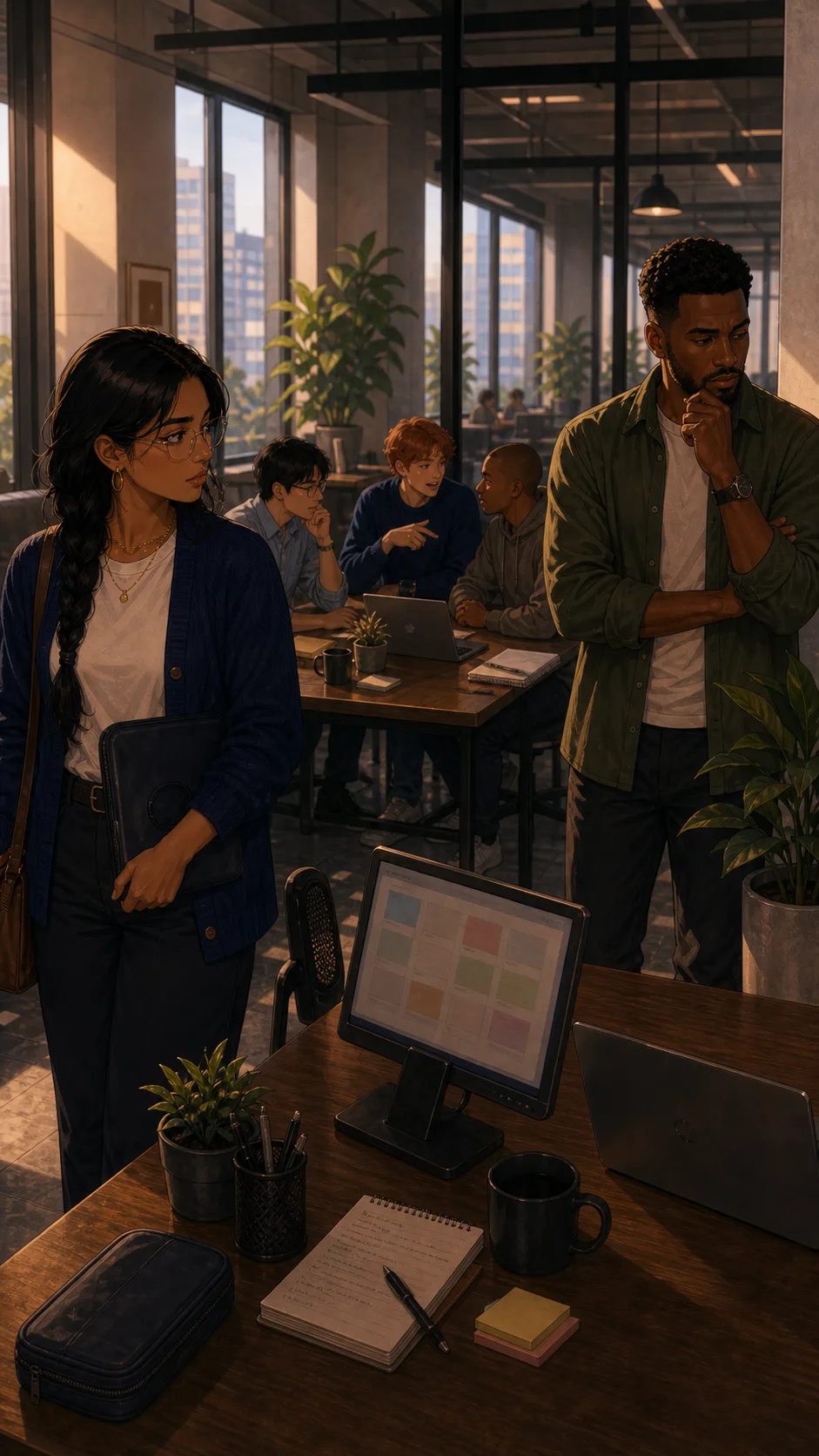 Coworkers split around a hot desk and portable monitor.