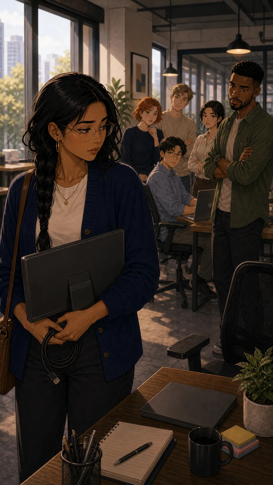 Priya holds the portable monitor while coworkers wait near hot desks.