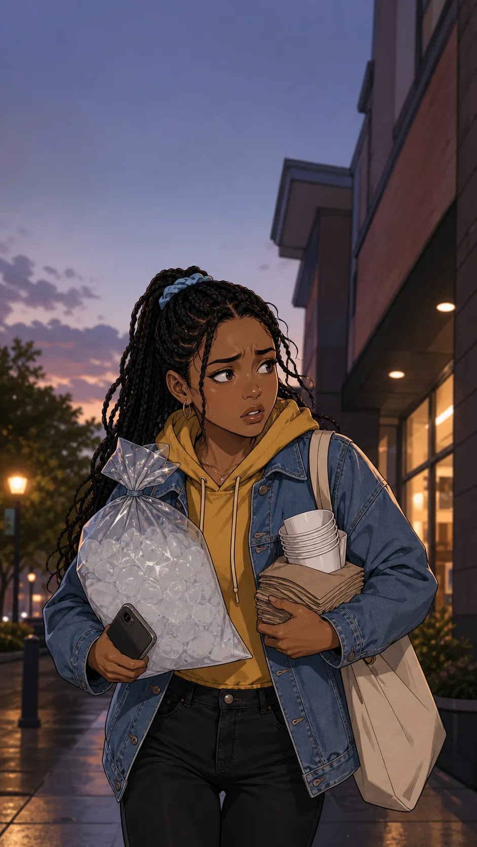 Riley carries ice, napkins, and cups outside a generic shop area while checking a phone held edge-out.