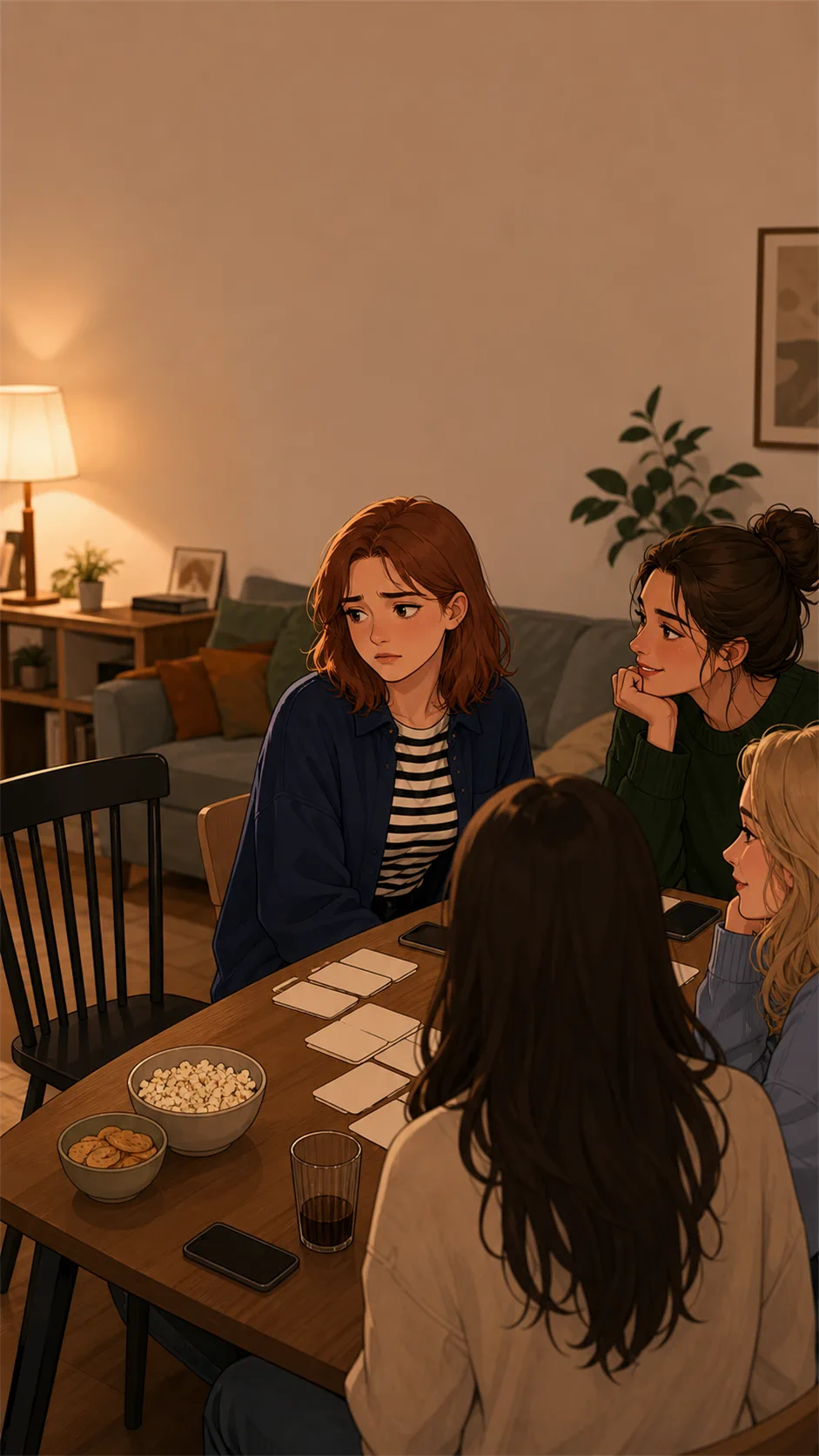 Tessa sits near an empty chair at a generic apartment table while friends wait beside snacks and blank game cards.