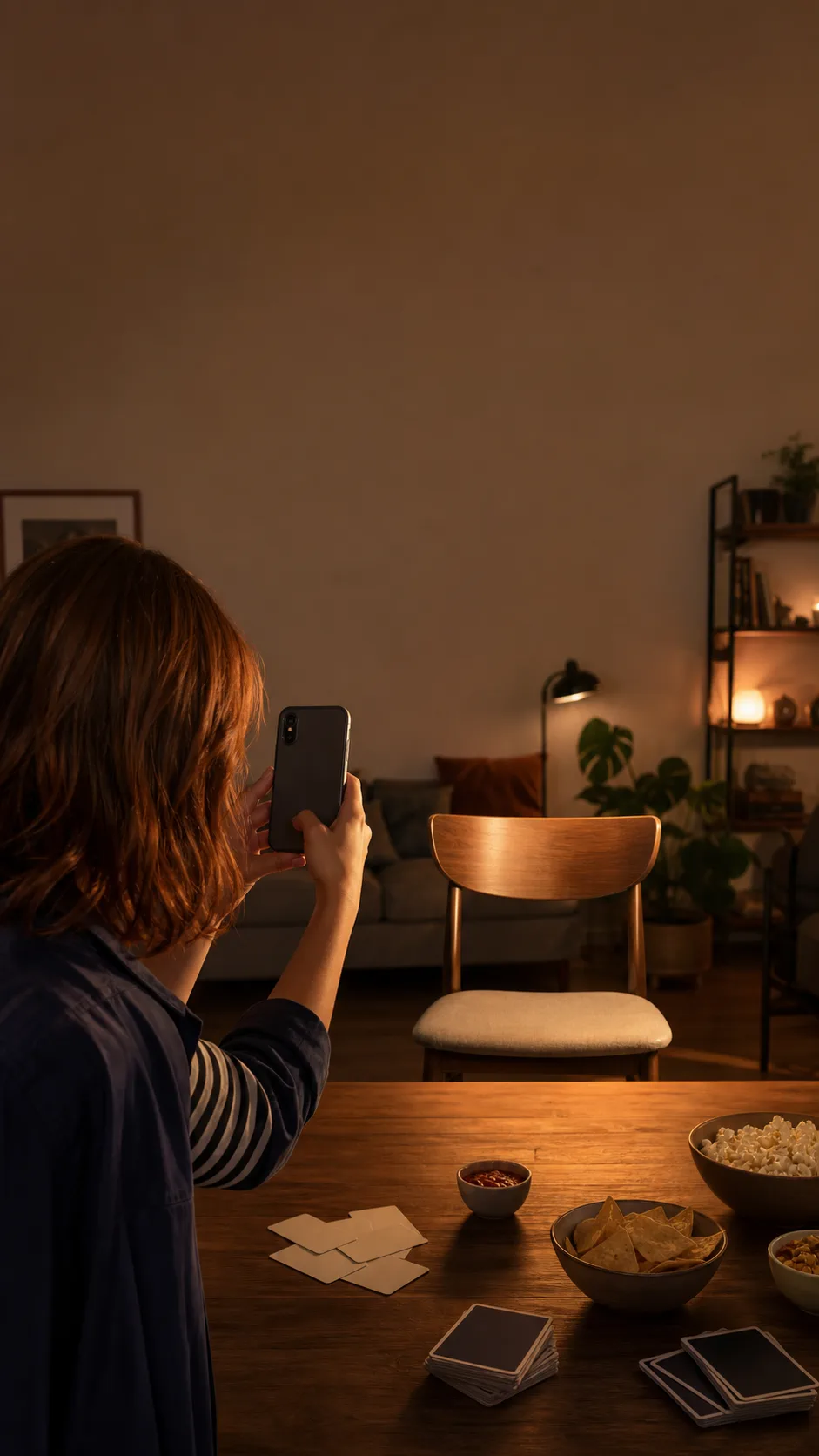 Tessa photographs an empty chair at a generic apartment table while the phone screen stays hidden from view.