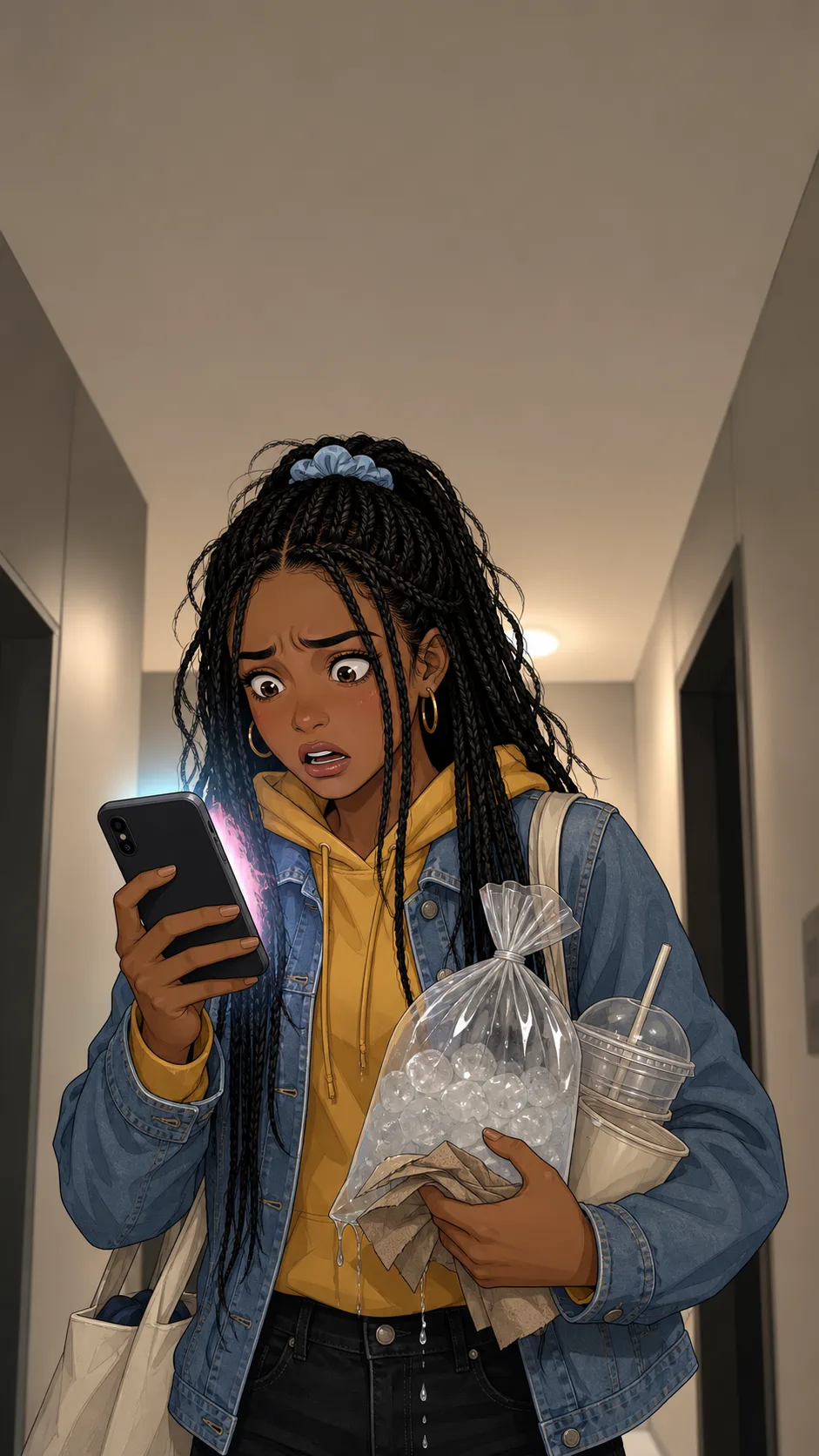 Riley stands in a generic apartment hallway with ice and supplies while unreadable notifications surround her phone.