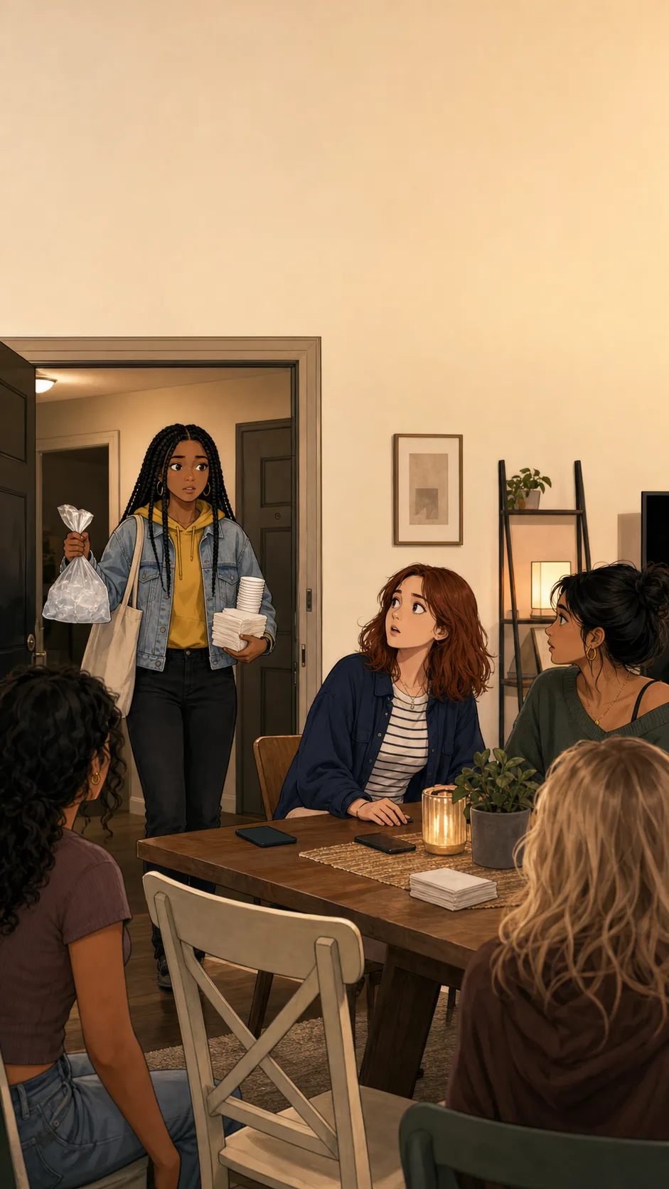 Riley enters a generic apartment holding supplies while Tessa and friends look surprised near the empty chair.