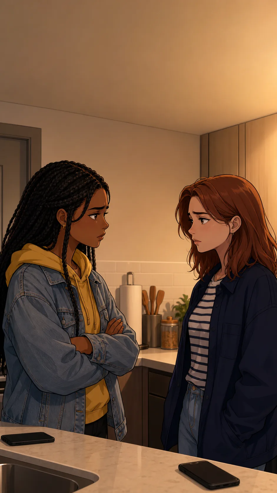 Riley and Tessa talk tensely in a generic kitchen corner with party supplies on the counter.