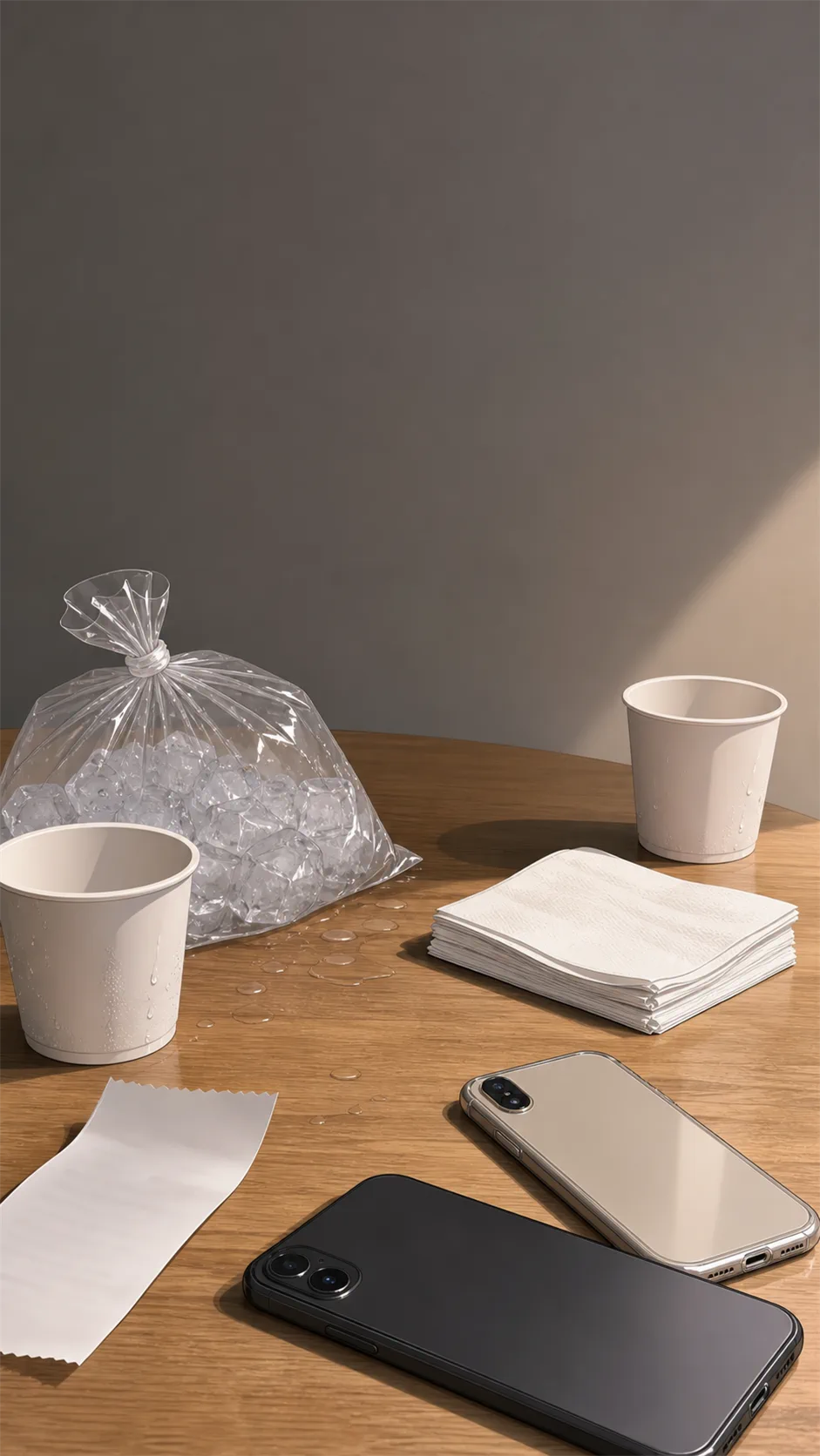 A tabletop holds a plain receipt edge, melting ice, napkins, cups, and two phones turned face down.