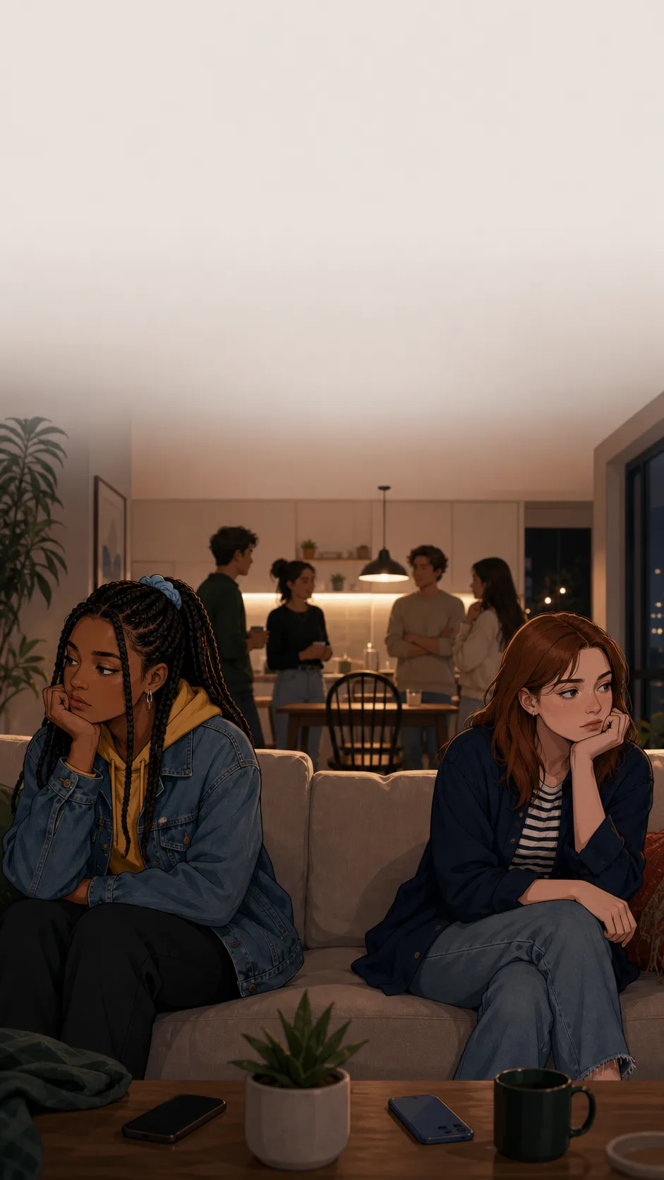 Riley and Tessa sit apart on a generic sofa while friends talk quietly near the empty chair.