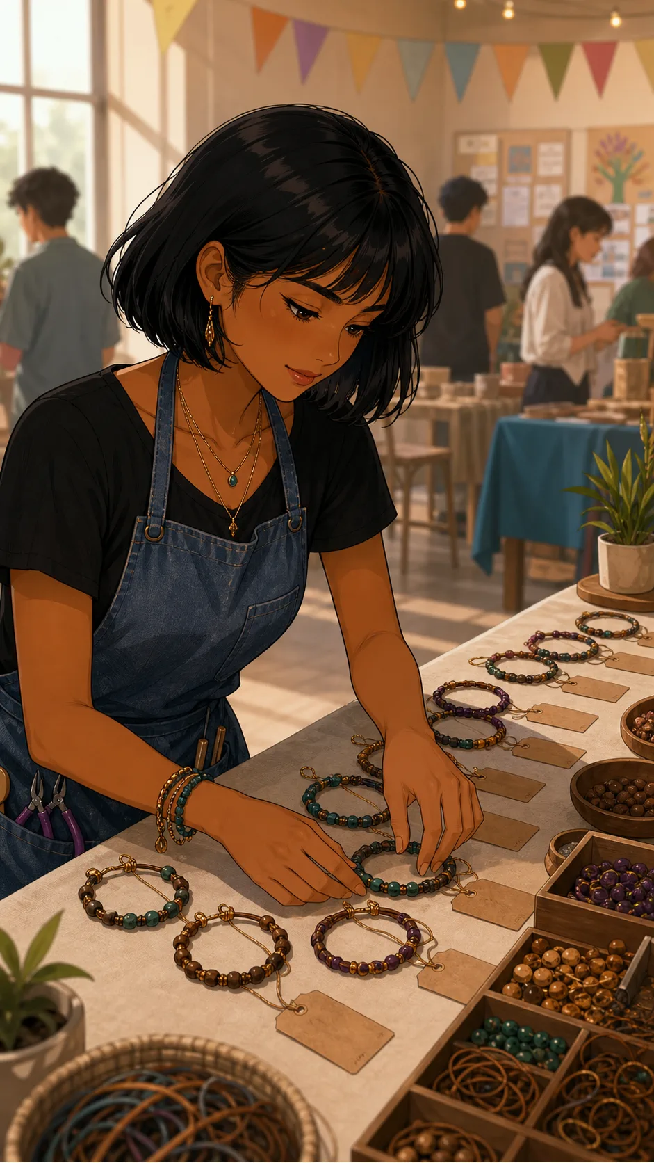 Mina arranges handmade bracelets at a community craft table.