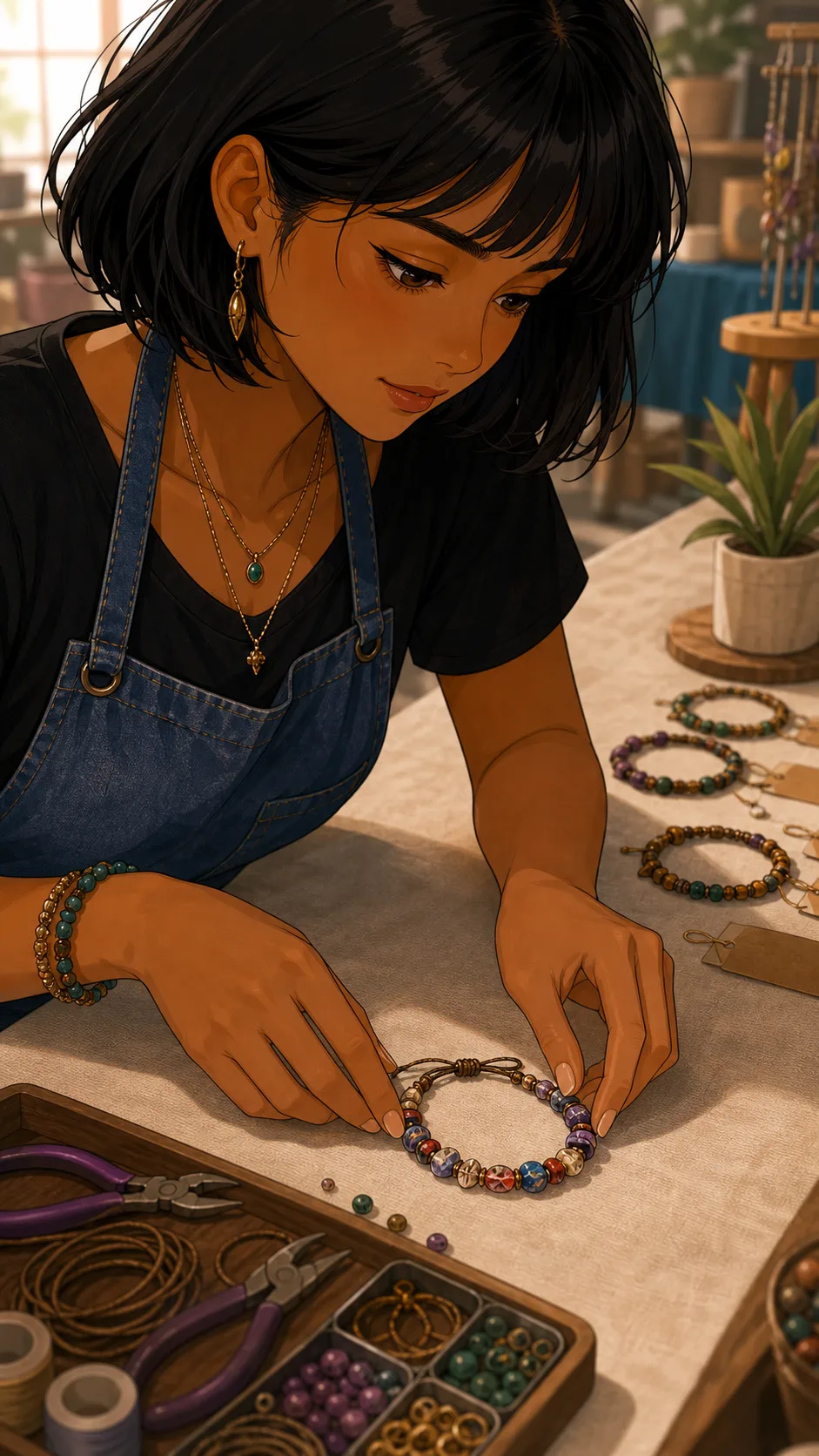 Mina sets an uneven practice bracelet beside her tools.
