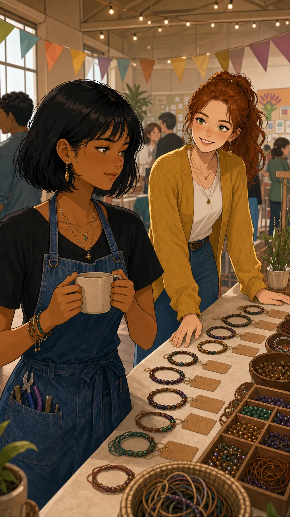 Lena watches Mina's craft table while Mina steps away.