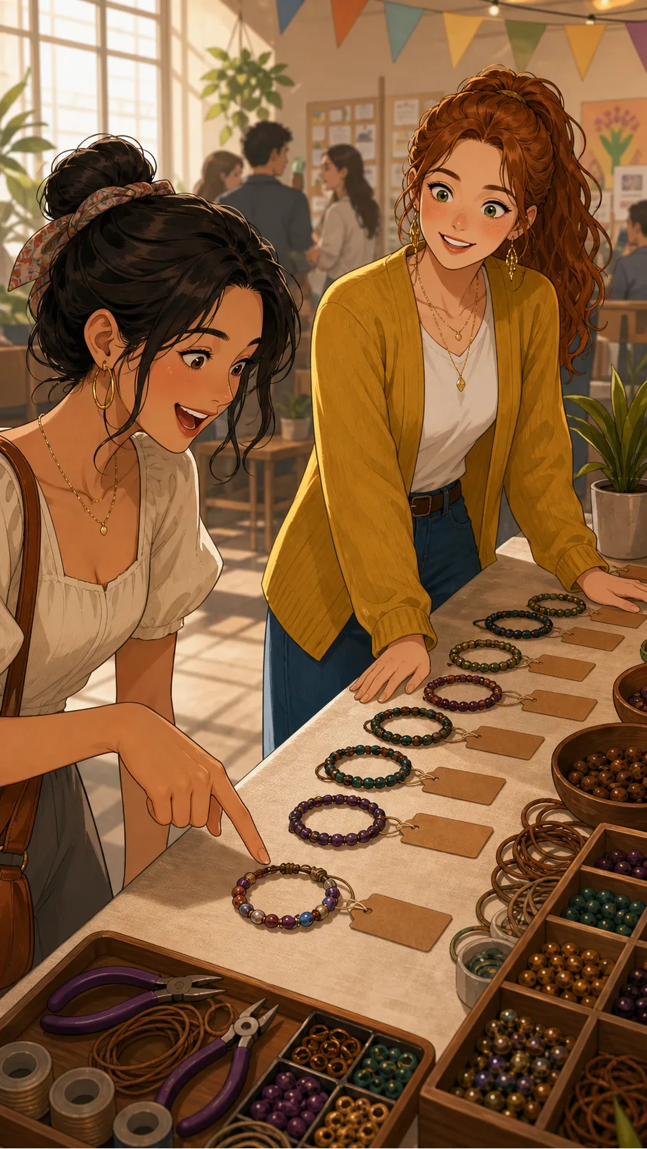 A shopper points excitedly at Mina's practice bracelet.