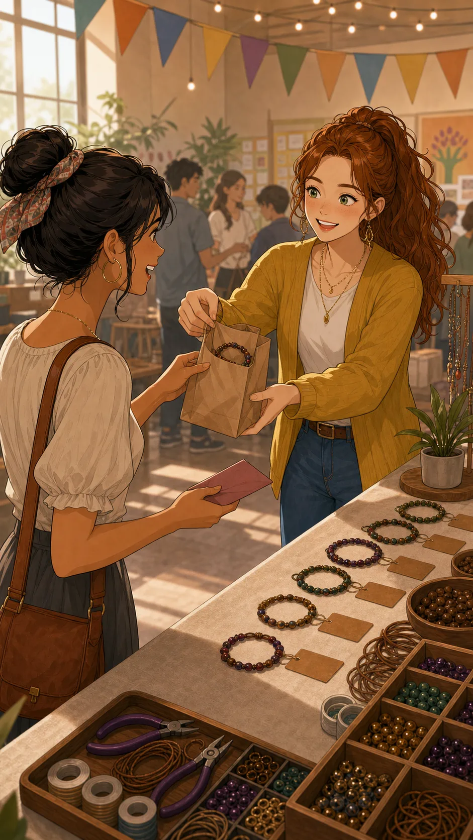 Lena hands Mina's practice bracelet to a shopper.