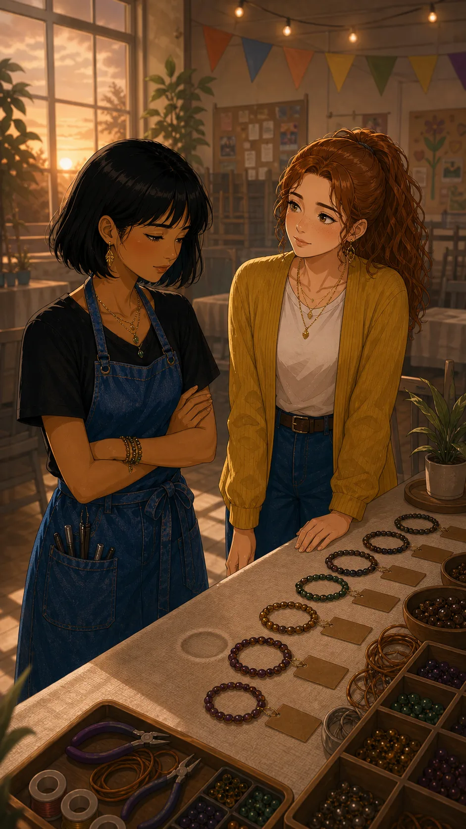 Mina and Lena stand by the craft table after the bracelet sale.