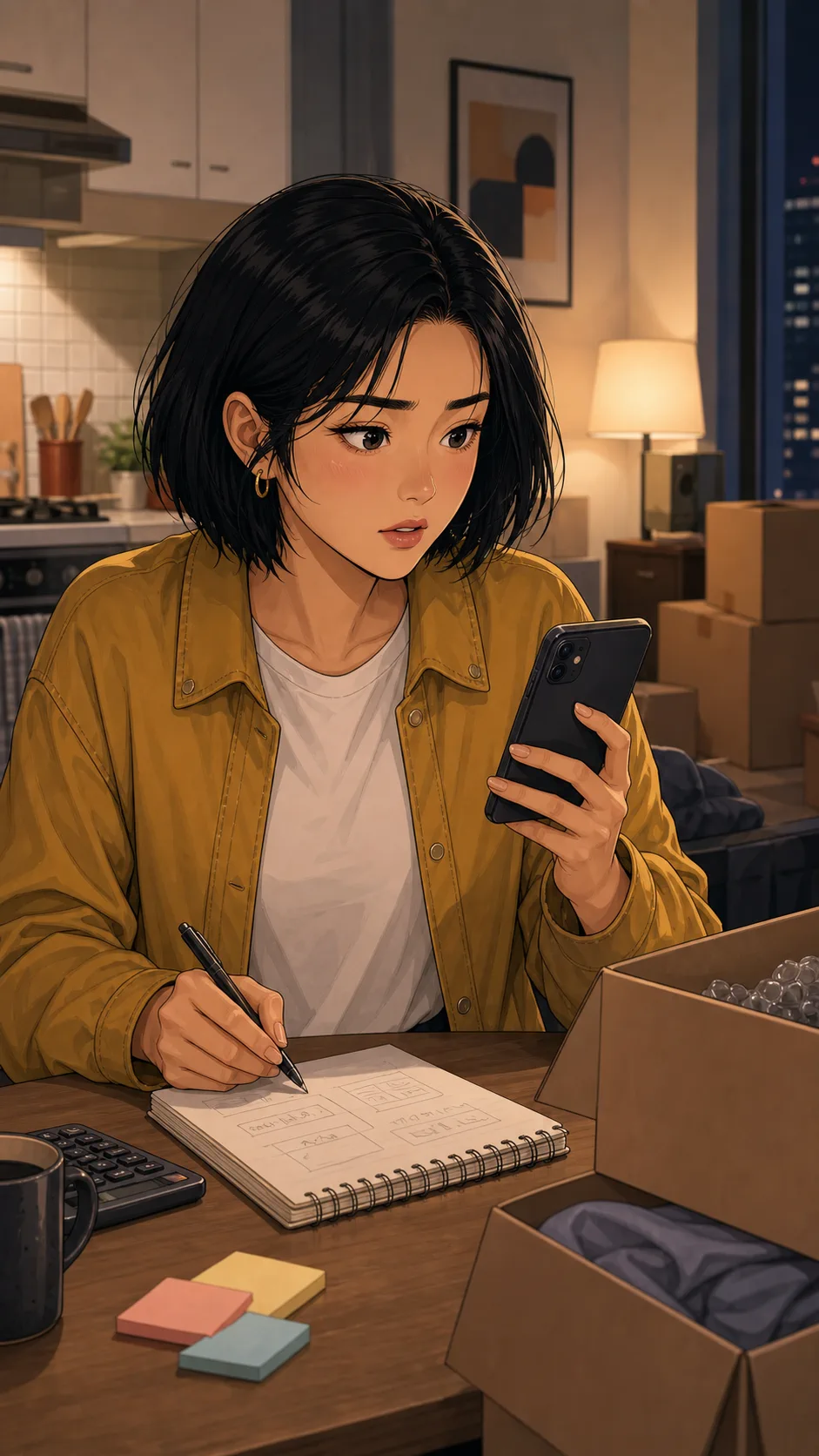 Lina compares prices at a kitchen table with moving boxes nearby.