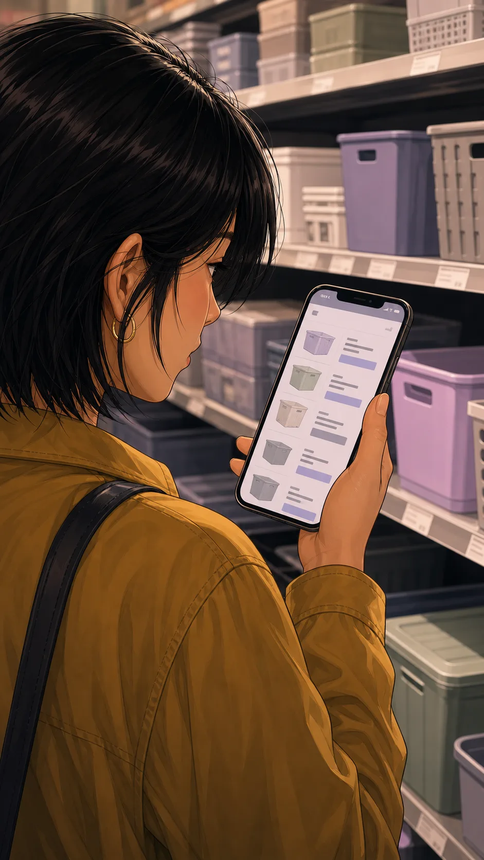 Lina holds a phone beside storage bins in a shopping aisle.